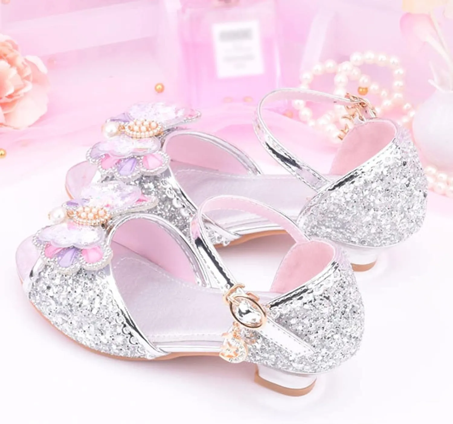 Little Girls Glitter Sandals Low Heels Shiny Dress Shoes with Bow Party Wedding Flower Girl Shoe for Toddler Kids