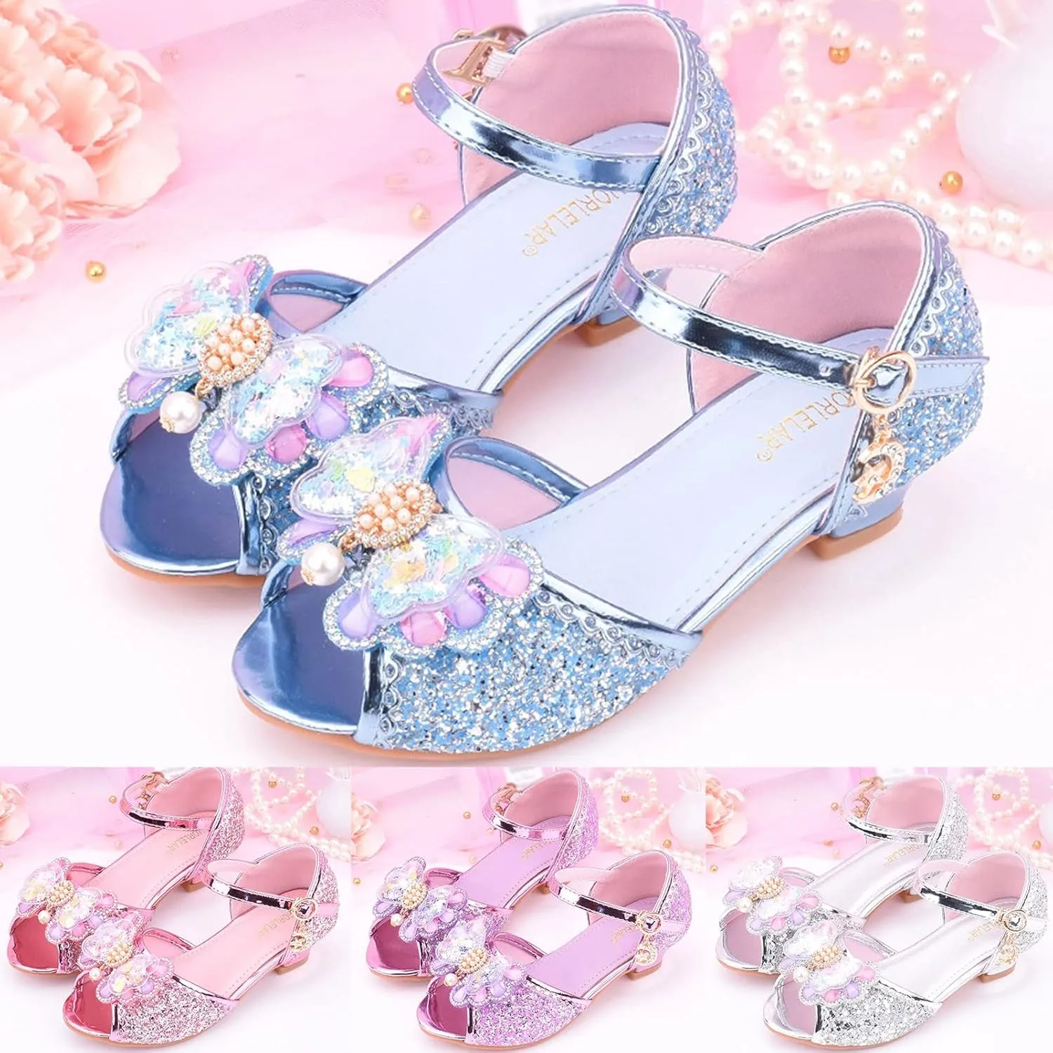 Little Girls Glitter Sandals Low Heels Shiny Dress Shoes with Bow Party Wedding Flower Girl Shoe for Toddler Kids