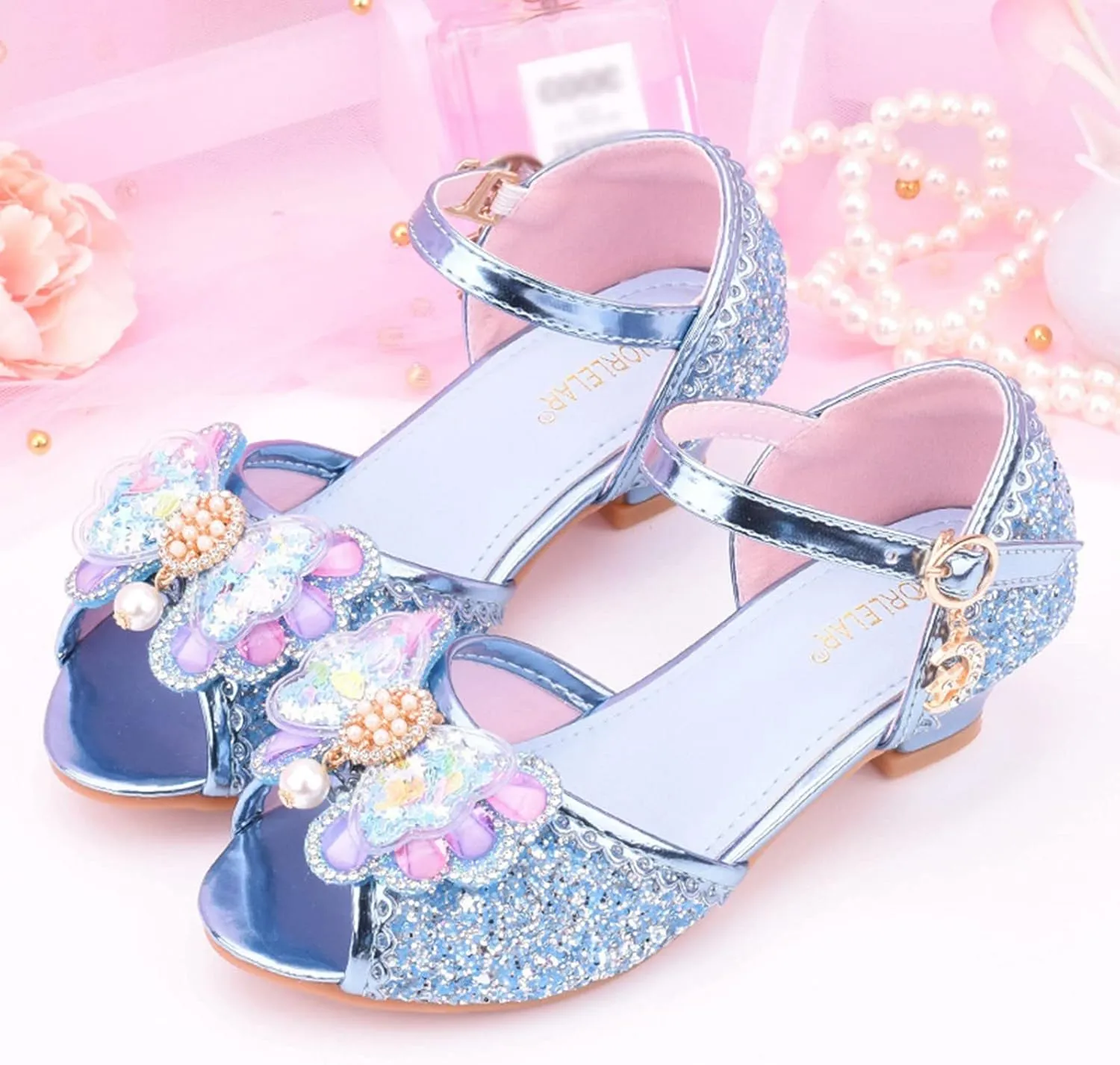 Little Girls Glitter Sandals Low Heels Shiny Dress Shoes with Bow Party Wedding Flower Girl Shoe for Toddler Kids