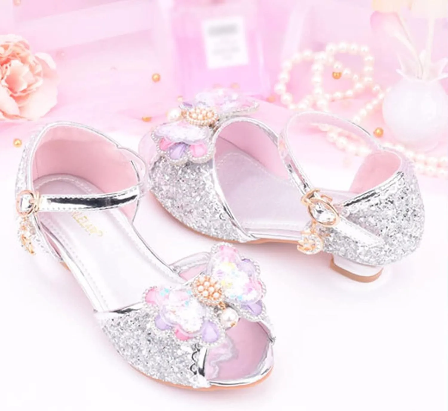 Little Girls Glitter Sandals Low Heels Shiny Dress Shoes with Bow Party Wedding Flower Girl Shoe for Toddler Kids