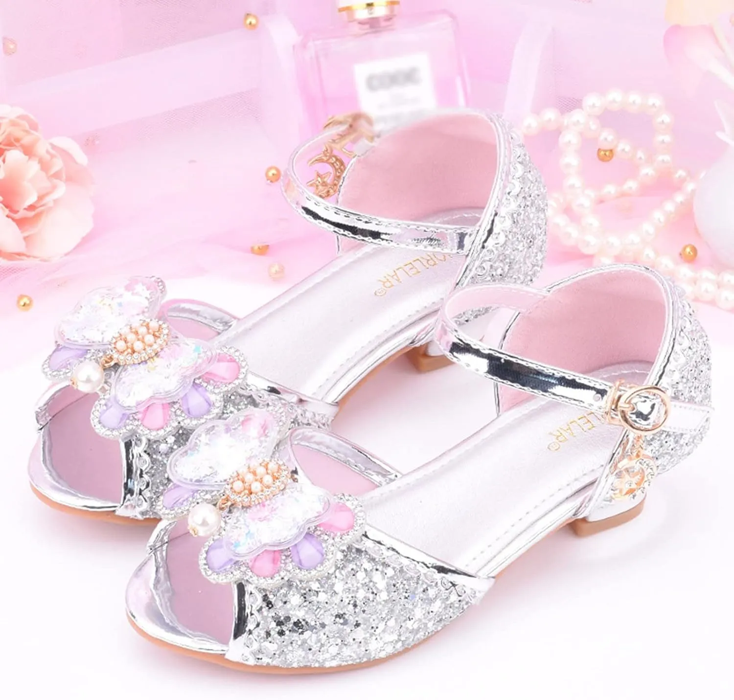 Little Girls Glitter Sandals Low Heels Shiny Dress Shoes with Bow Party Wedding Flower Girl Shoe for Toddler Kids