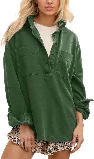 Locachy Women's Casual Oversized Polo Sweatshirt Lapel Long Sleeve Button Pullover Tops Fashion Outfits Clothes