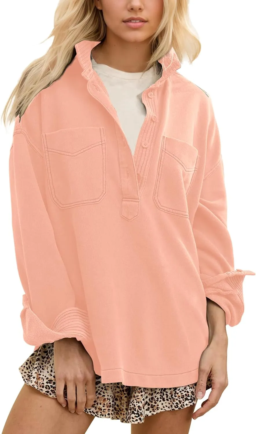 Locachy Women's Casual Oversized Polo Sweatshirt Lapel Long Sleeve Button Pullover Tops Fashion Outfits Clothes