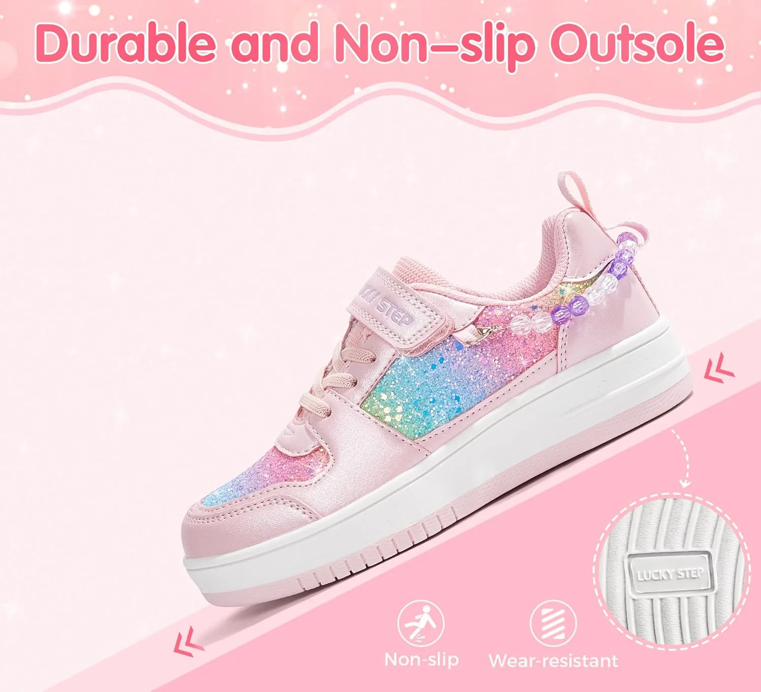 LUCKY STEP Girl's Glitter Sneakers Slip On Hook and Loops Athletic Sparkly Beads Casual Tennis School Party Cute Running Shoes for Children/Girls/Kids