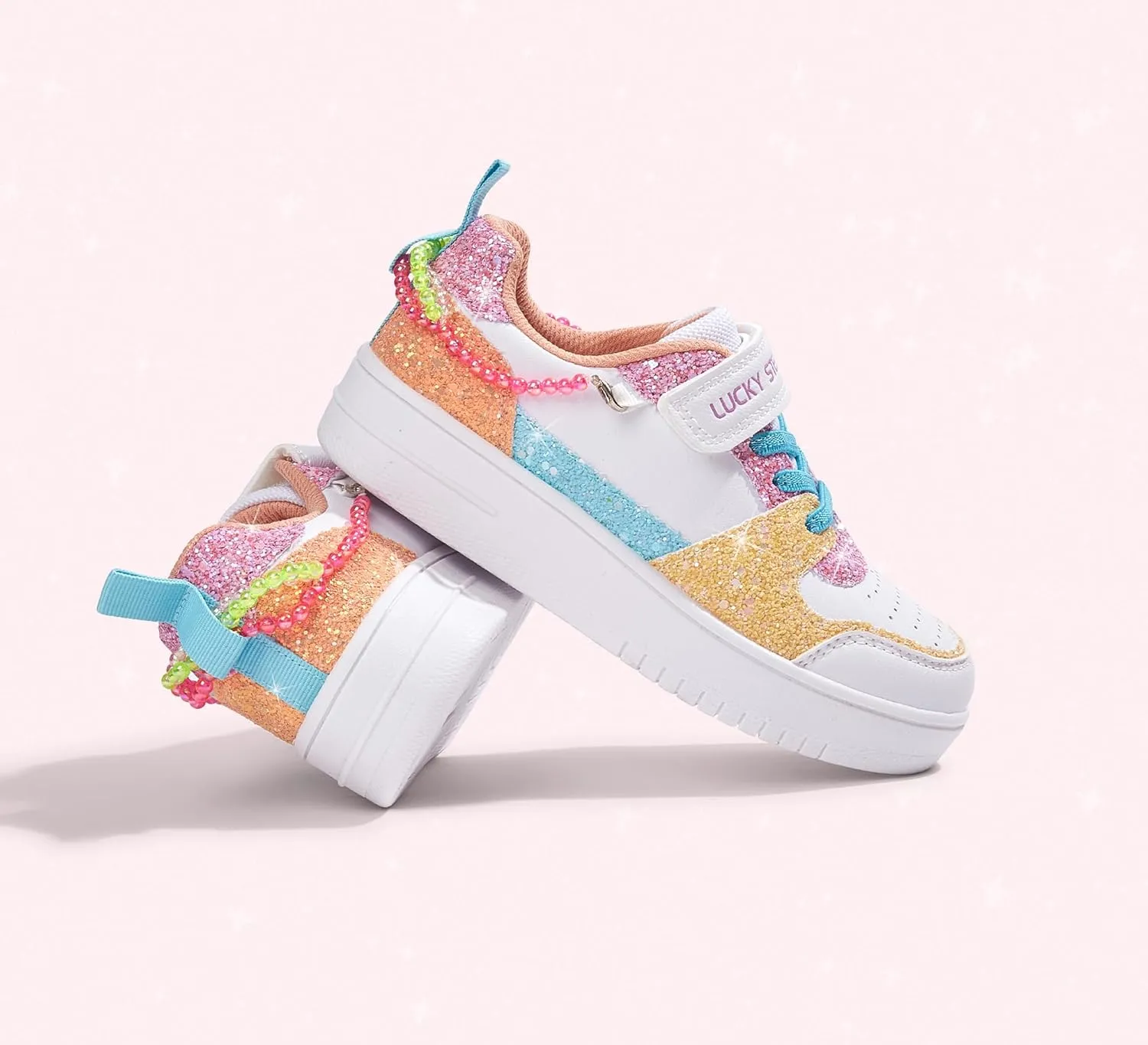 LUCKY STEP Girl's Glitter Sneakers Slip On Hook and Loops Athletic Sparkly Beads Casual Tennis School Party Cute Running Shoes for Children/Girls/Kids