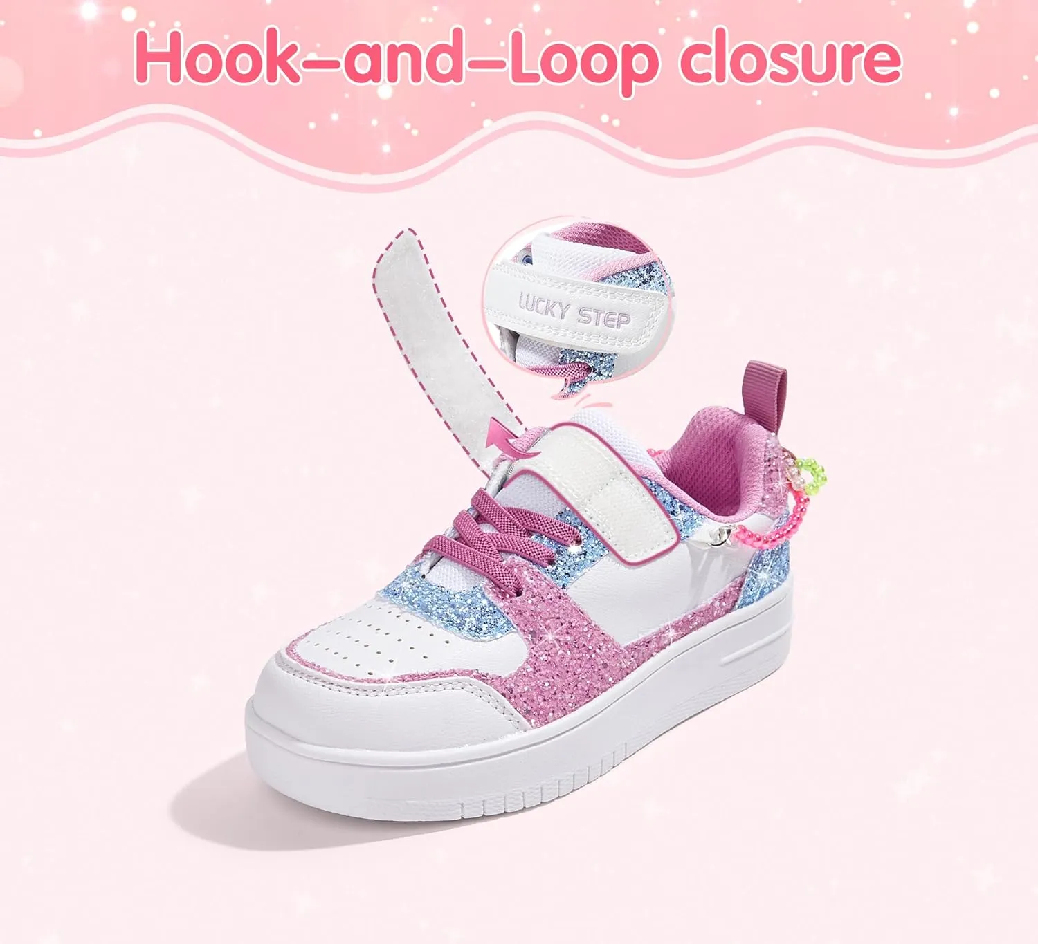 LUCKY STEP Girl's Glitter Sneakers Slip On Hook and Loops Athletic Sparkly Beads Casual Tennis School Party Cute Running Shoes for Children/Girls/Kids