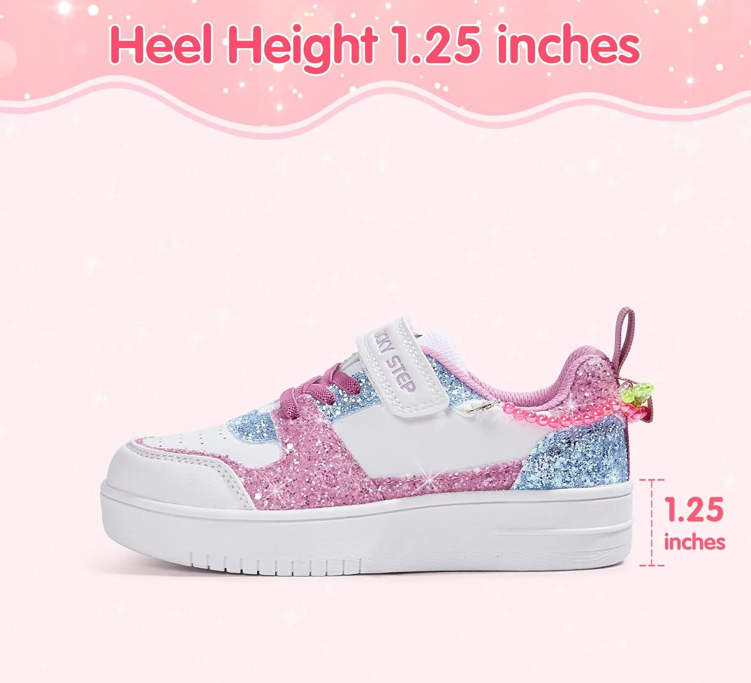 LUCKY STEP Girl's Glitter Sneakers Slip On Hook and Loops Athletic Sparkly Beads Casual Tennis School Party Cute Running Shoes for Children/Girls/Kids