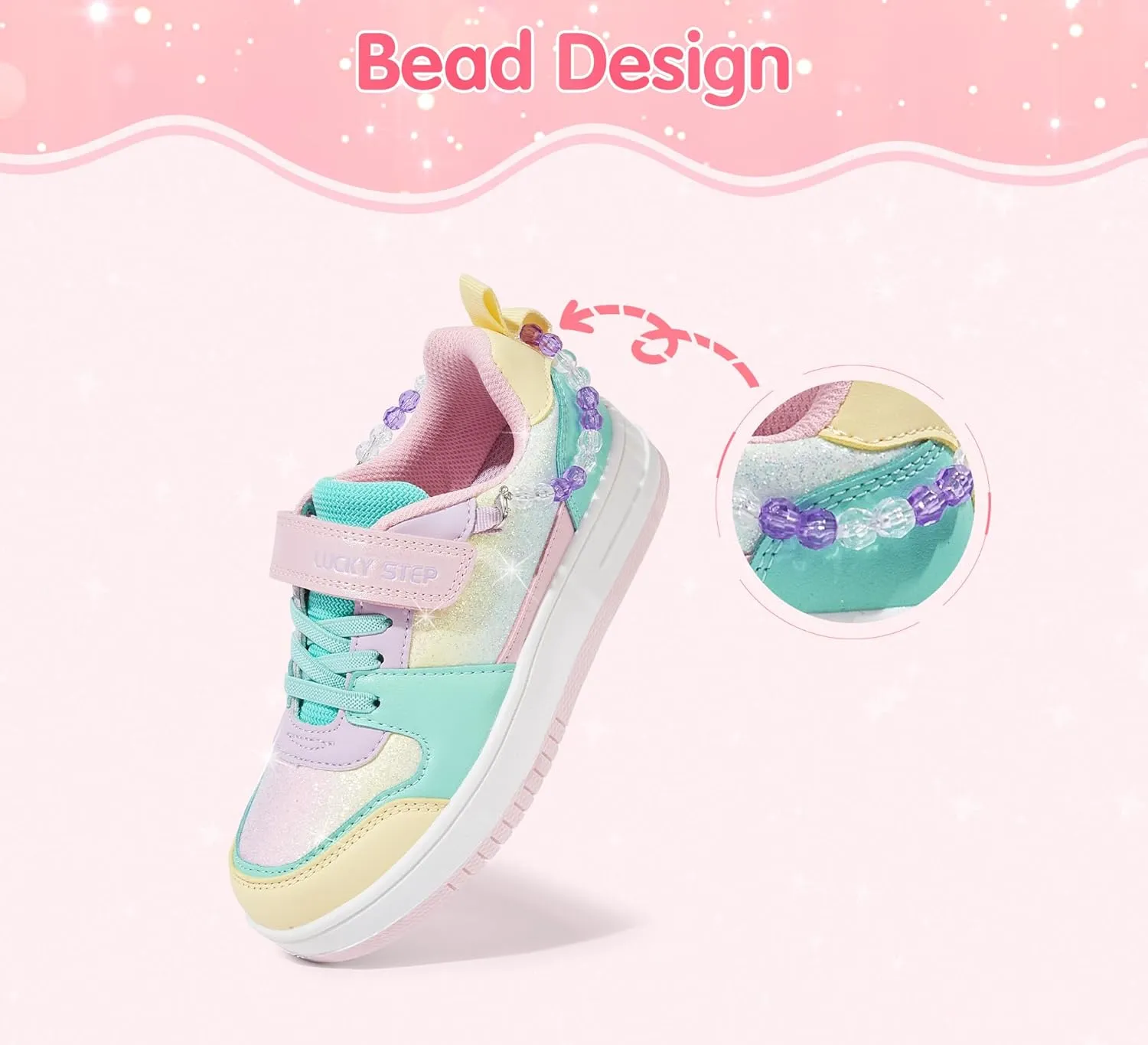 LUCKY STEP Girl's Glitter Sneakers Slip On Hook and Loops Athletic Sparkly Beads Casual Tennis School Party Cute Running Shoes for Children/Girls/Kids