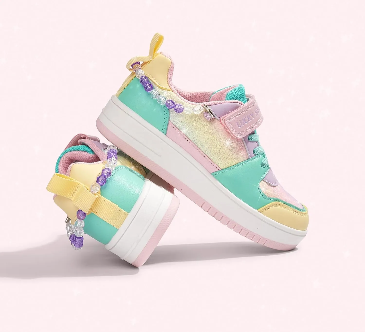 LUCKY STEP Girl's Glitter Sneakers Slip On Hook and Loops Athletic Sparkly Beads Casual Tennis School Party Cute Running Shoes for Children/Girls/Kids
