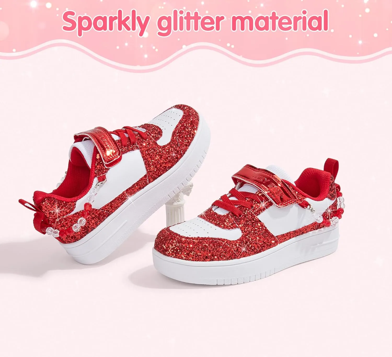 LUCKY STEP Girl's Glitter Sneakers Slip On Hook and Loops Athletic Sparkly Beads Casual Tennis School Party Cute Running Shoes for Children/Girls/Kids