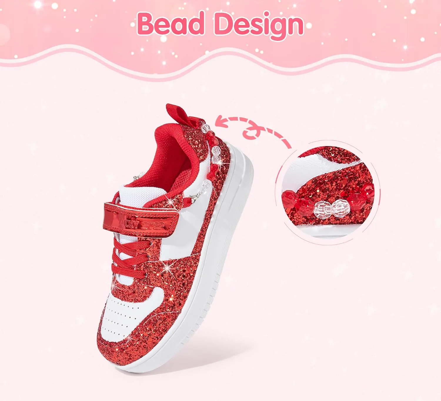 LUCKY STEP Girl's Glitter Sneakers Slip On Hook and Loops Athletic Sparkly Beads Casual Tennis School Party Cute Running Shoes for Children/Girls/Kids