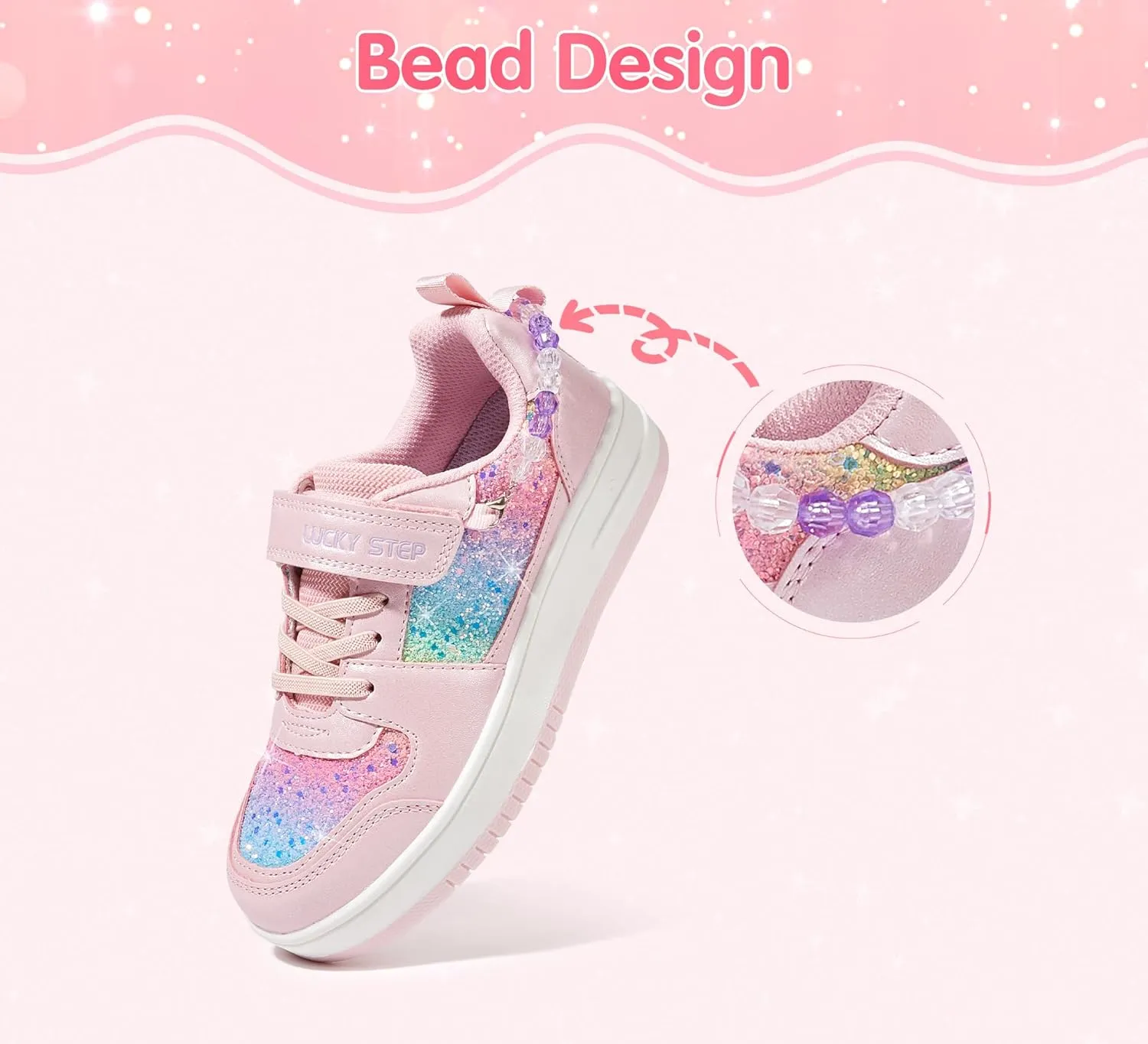 LUCKY STEP Girl's Glitter Sneakers Slip On Hook and Loops Athletic Sparkly Beads Casual Tennis School Party Cute Running Shoes for Children/Girls/Kids