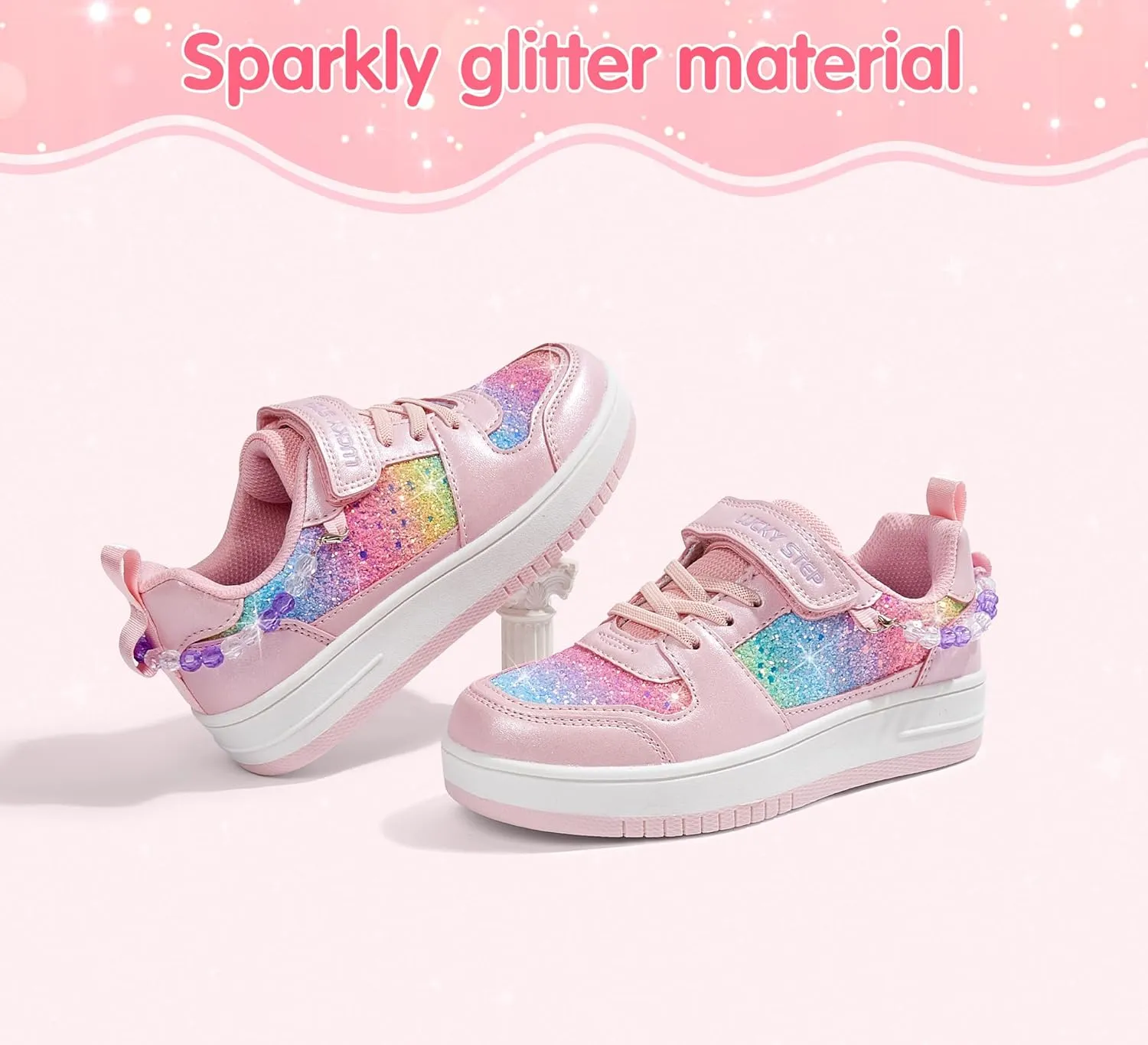 LUCKY STEP Girl's Glitter Sneakers Slip On Hook and Loops Athletic Sparkly Beads Casual Tennis School Party Cute Running Shoes for Children/Girls/Kids