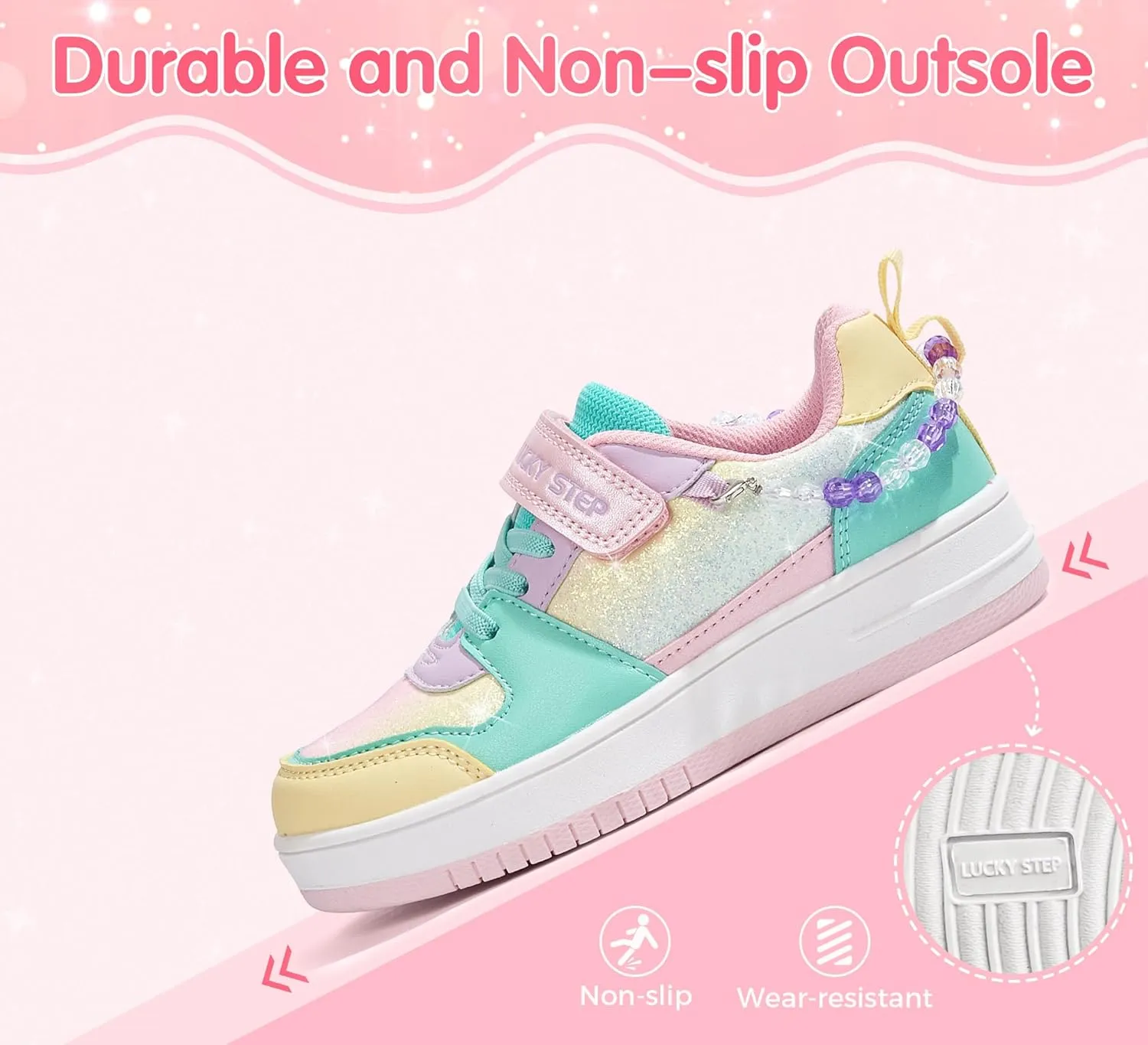 LUCKY STEP Girl's Glitter Sneakers Slip On Hook and Loops Athletic Sparkly Beads Casual Tennis School Party Cute Running Shoes for Children/Girls/Kids