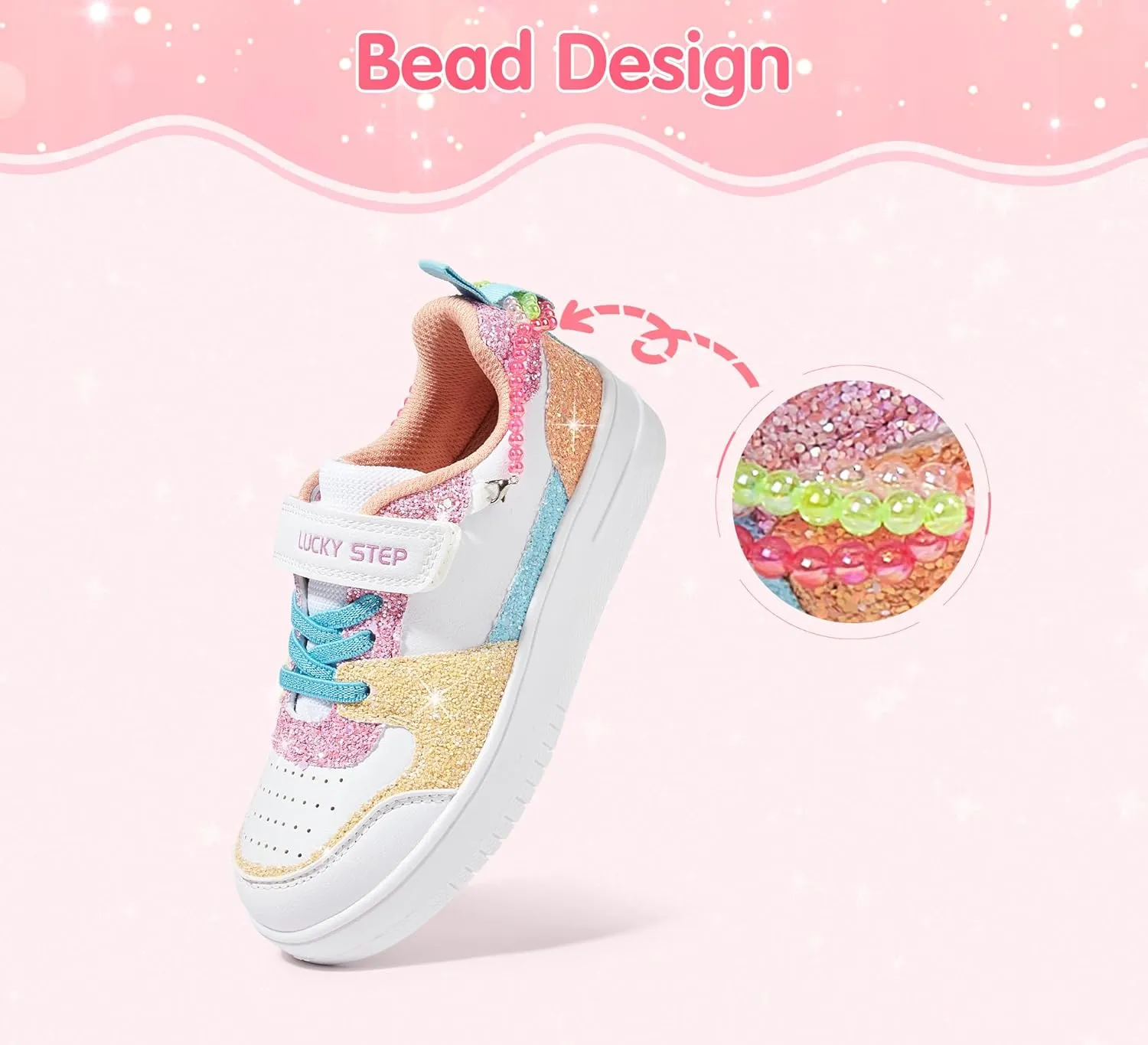 LUCKY STEP Girl's Glitter Sneakers Slip On Hook and Loops Athletic Sparkly Beads Casual Tennis School Party Cute Running Shoes for Children/Girls/Kids