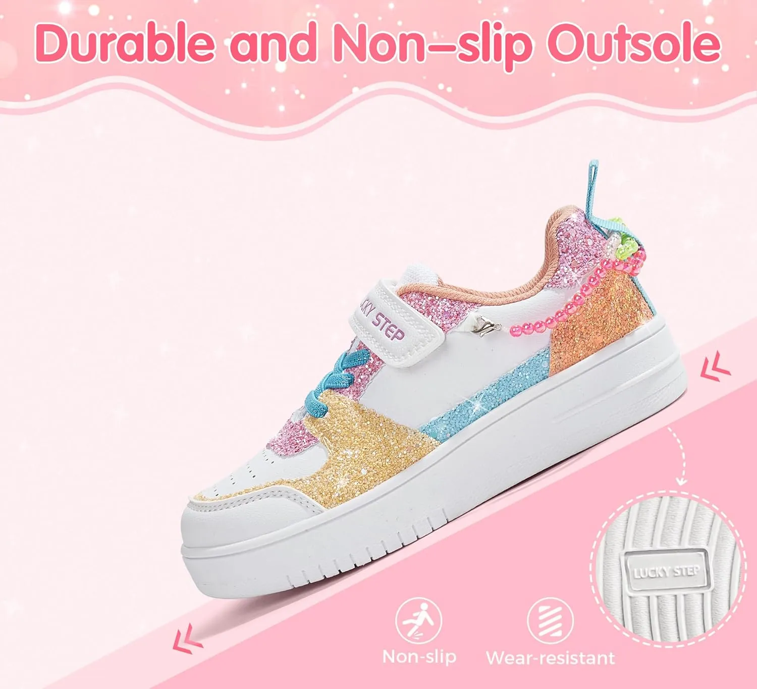LUCKY STEP Girl's Glitter Sneakers Slip On Hook and Loops Athletic Sparkly Beads Casual Tennis School Party Cute Running Shoes for Children/Girls/Kids