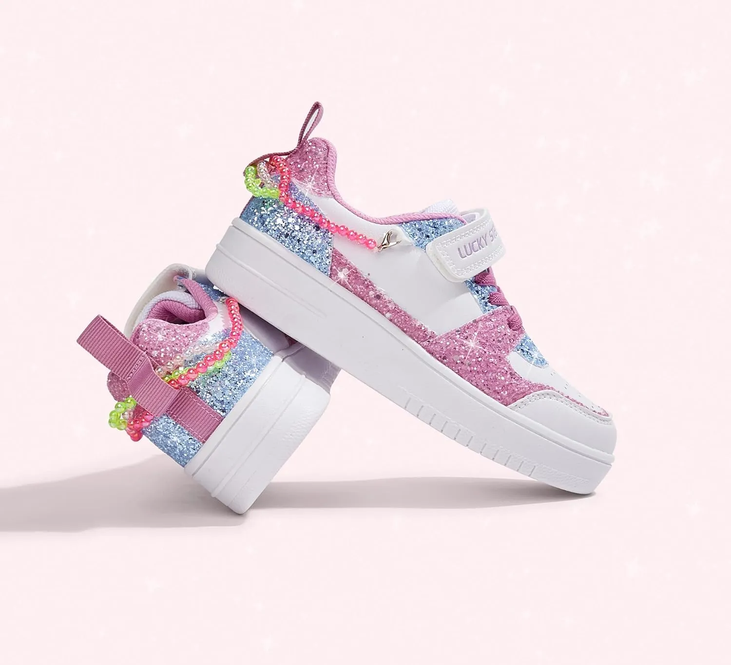 LUCKY STEP Girl's Glitter Sneakers Slip On Hook and Loops Athletic Sparkly Beads Casual Tennis School Party Cute Running Shoes for Children/Girls/Kids
