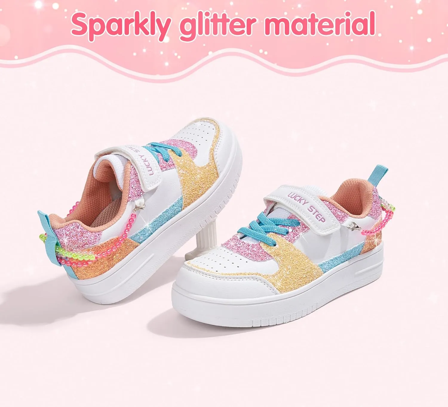 LUCKY STEP Girl's Glitter Sneakers Slip On Hook and Loops Athletic Sparkly Beads Casual Tennis School Party Cute Running Shoes for Children/Girls/Kids