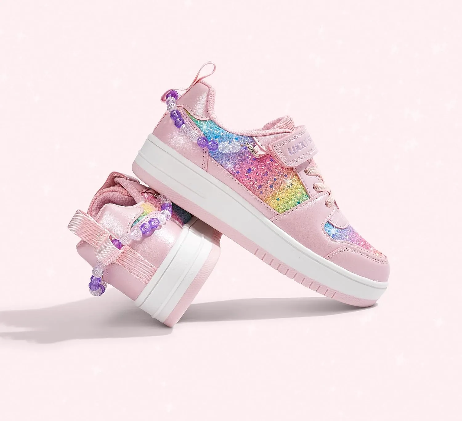LUCKY STEP Girl's Glitter Sneakers Slip On Hook and Loops Athletic Sparkly Beads Casual Tennis School Party Cute Running Shoes for Children/Girls/Kids
