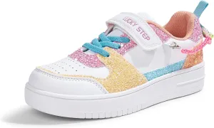 LUCKY STEP Girl's Glitter Sneakers Slip On Hook and Loops Athletic Sparkly Beads Casual Tennis School Party Cute Running Shoes for Children/Girls/Kids