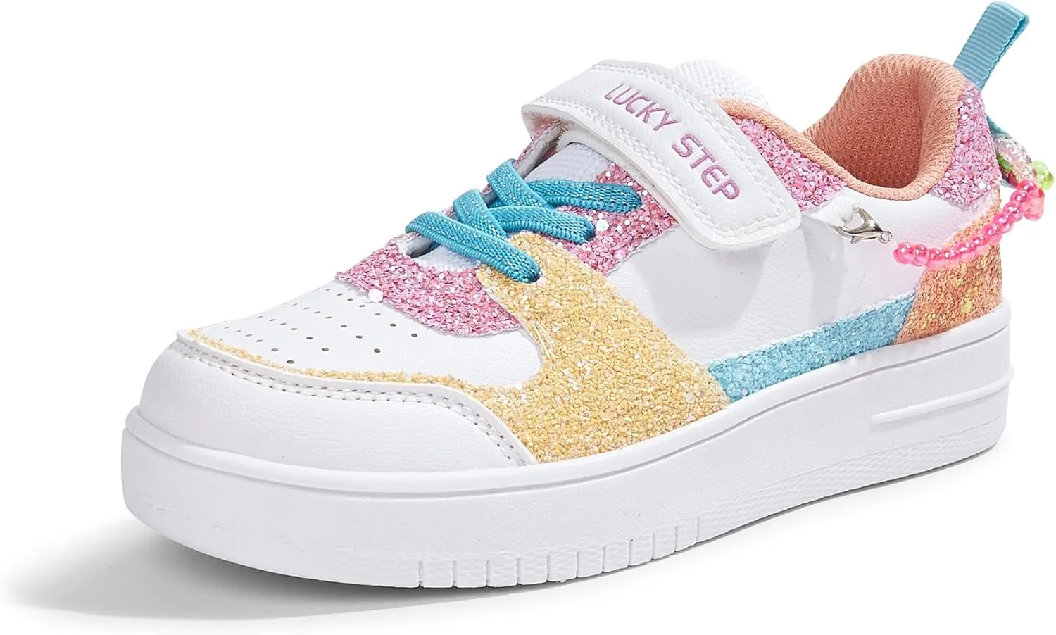 LUCKY STEP Girl's Glitter Sneakers Slip On Hook and Loops Athletic Sparkly Beads Casual Tennis School Party Cute Running Shoes for Children/Girls/Kids