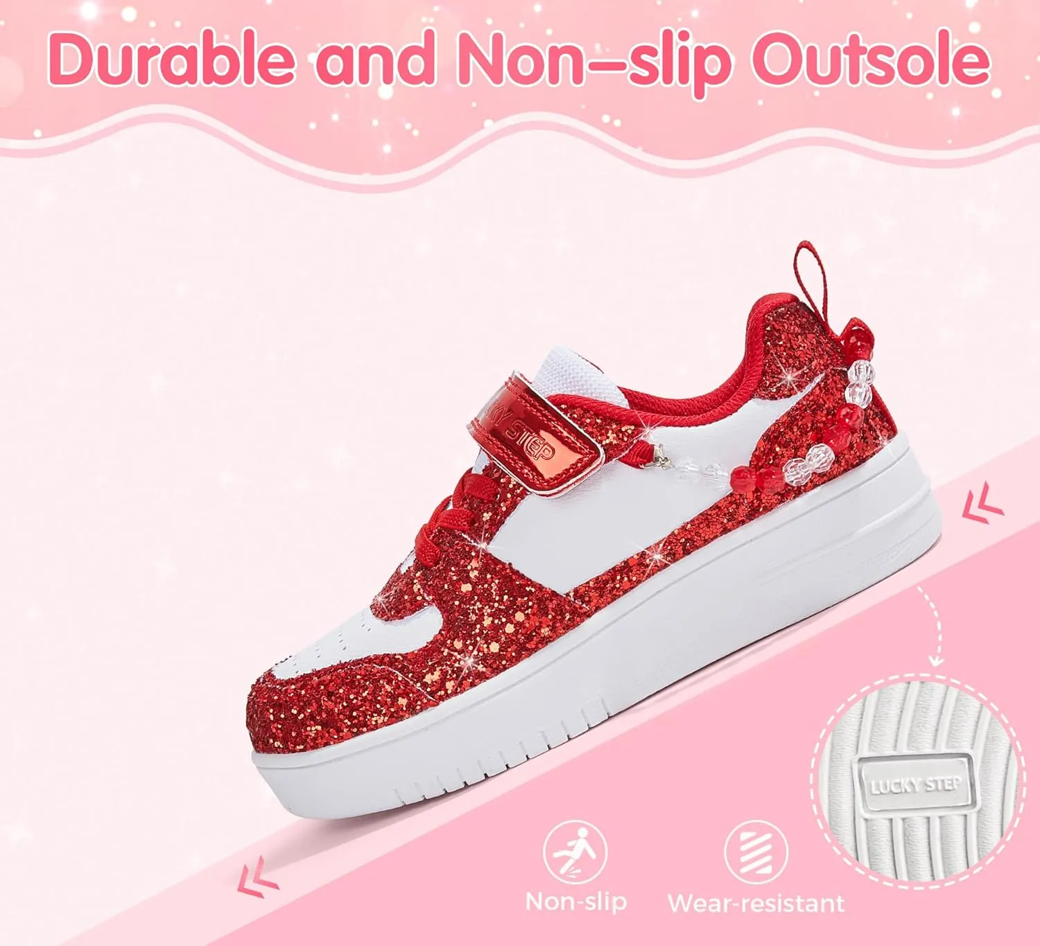 LUCKY STEP Girl's Glitter Sneakers Slip On Hook and Loops Athletic Sparkly Beads Casual Tennis School Party Cute Running Shoes for Children/Girls/Kids