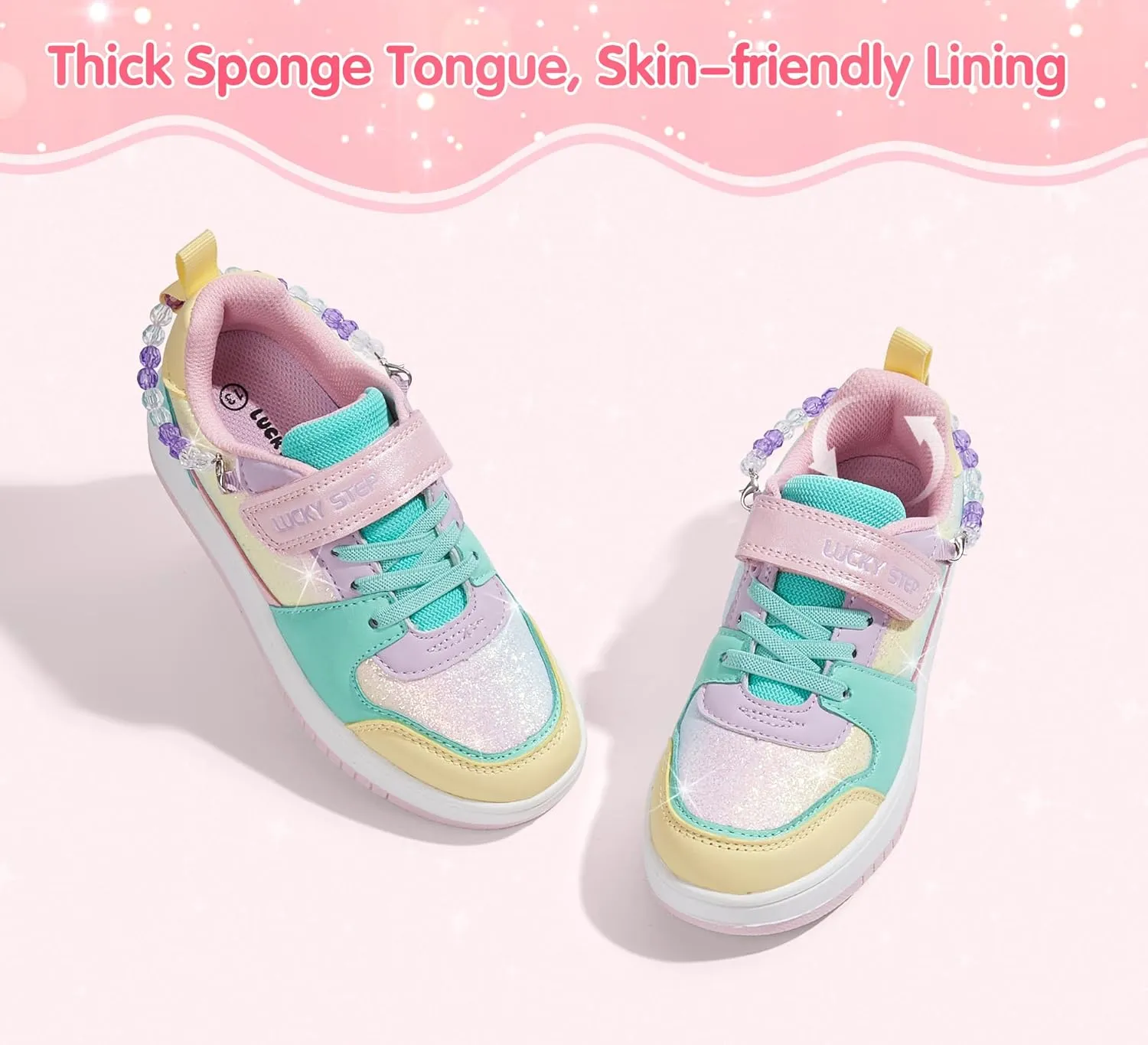 LUCKY STEP Girl's Glitter Sneakers Slip On Hook and Loops Athletic Sparkly Beads Casual Tennis School Party Cute Running Shoes for Children/Girls/Kids