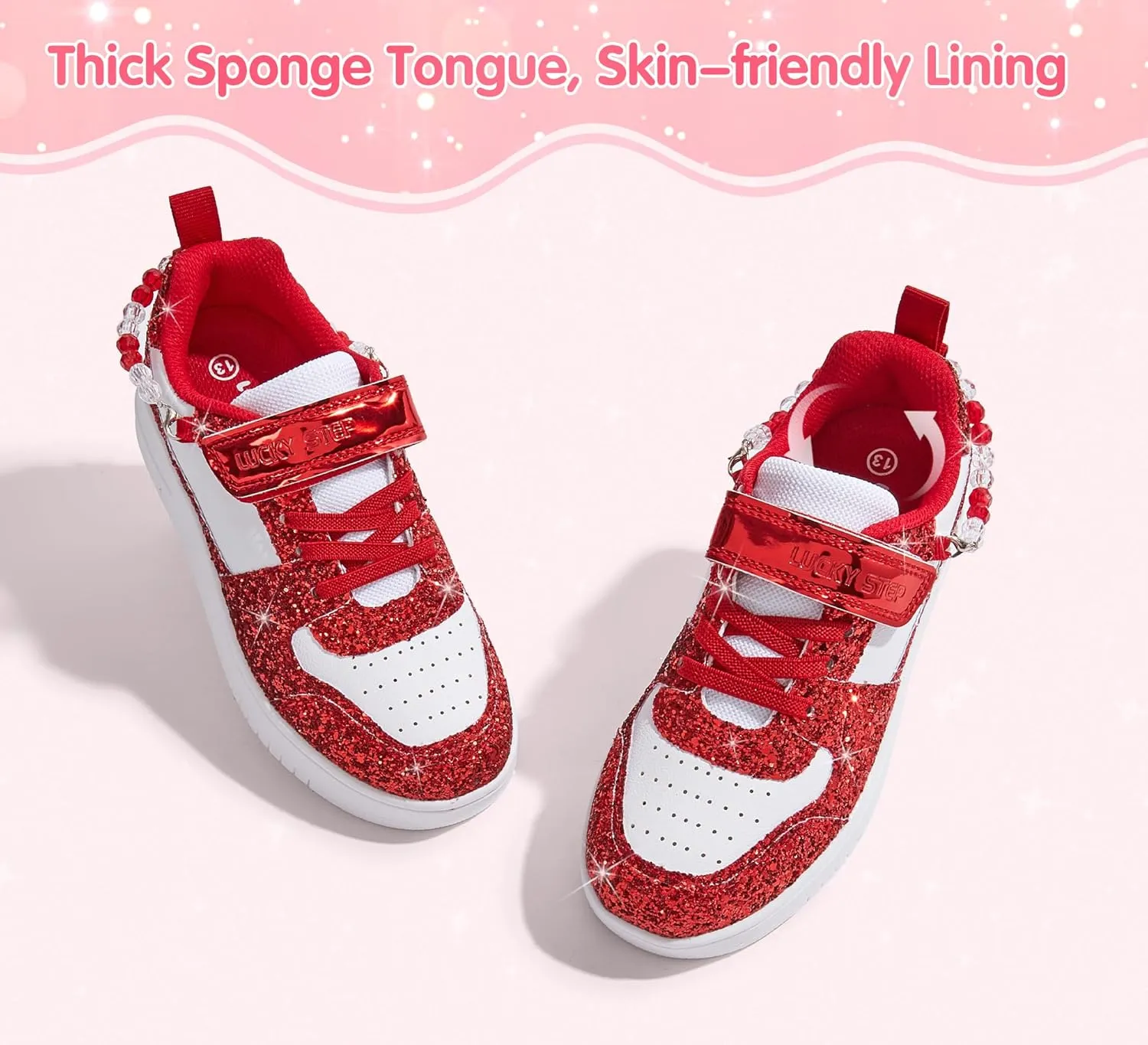 LUCKY STEP Girl's Glitter Sneakers Slip On Hook and Loops Athletic Sparkly Beads Casual Tennis School Party Cute Running Shoes for Children/Girls/Kids