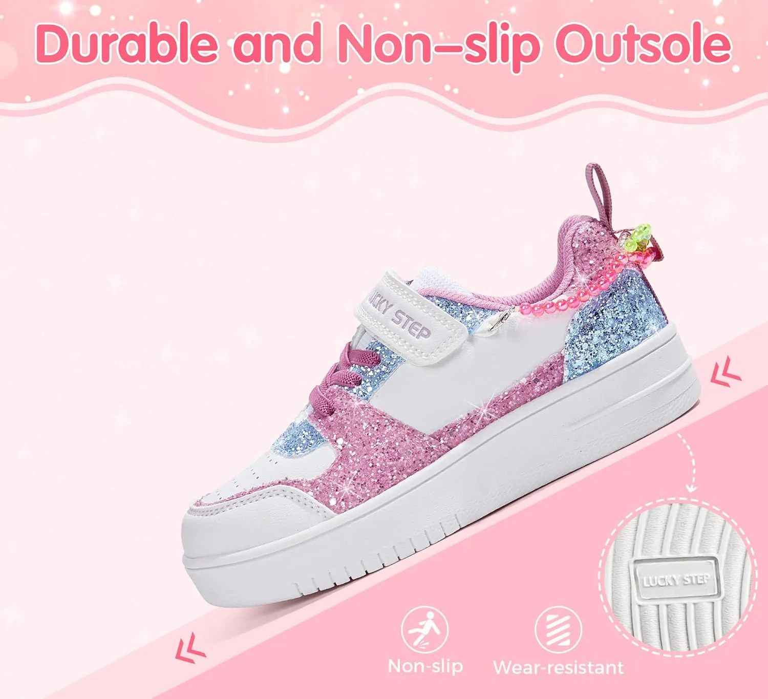 LUCKY STEP Girl's Glitter Sneakers Slip On Hook and Loops Athletic Sparkly Beads Casual Tennis School Party Cute Running Shoes for Children/Girls/Kids