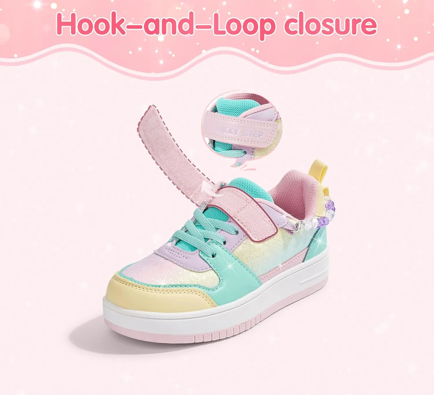 LUCKY STEP Girl's Glitter Sneakers Slip On Hook and Loops Athletic Sparkly Beads Casual Tennis School Party Cute Running Shoes for Children/Girls/Kids