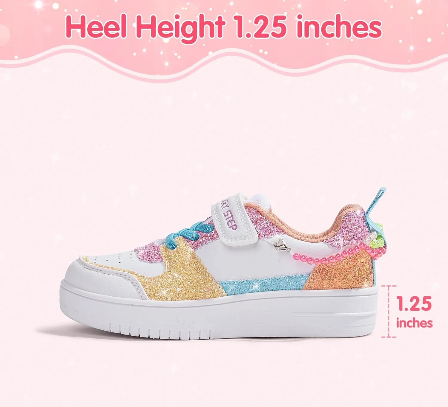LUCKY STEP Girl's Glitter Sneakers Slip On Hook and Loops Athletic Sparkly Beads Casual Tennis School Party Cute Running Shoes for Children/Girls/Kids