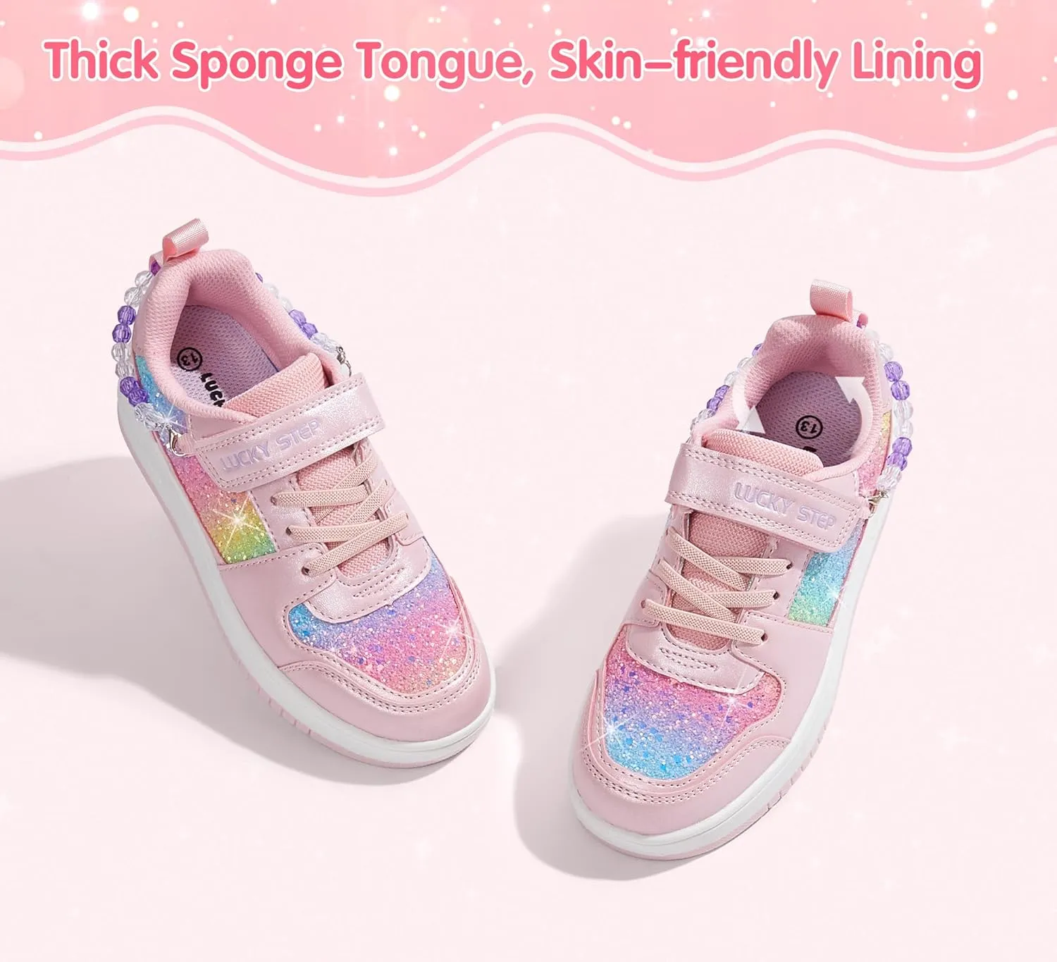 LUCKY STEP Girl's Glitter Sneakers Slip On Hook and Loops Athletic Sparkly Beads Casual Tennis School Party Cute Running Shoes for Children/Girls/Kids