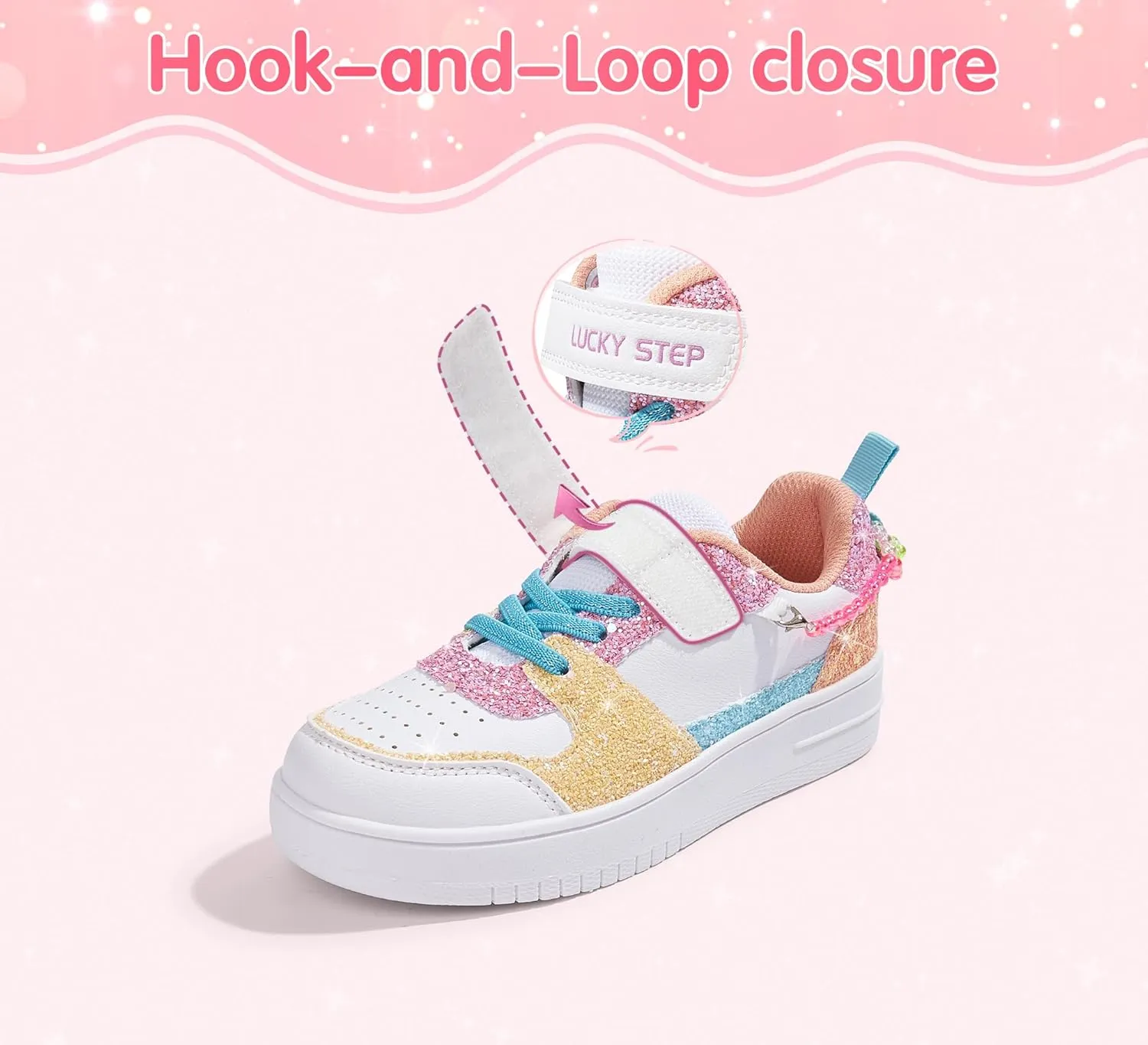 LUCKY STEP Girl's Glitter Sneakers Slip On Hook and Loops Athletic Sparkly Beads Casual Tennis School Party Cute Running Shoes for Children/Girls/Kids