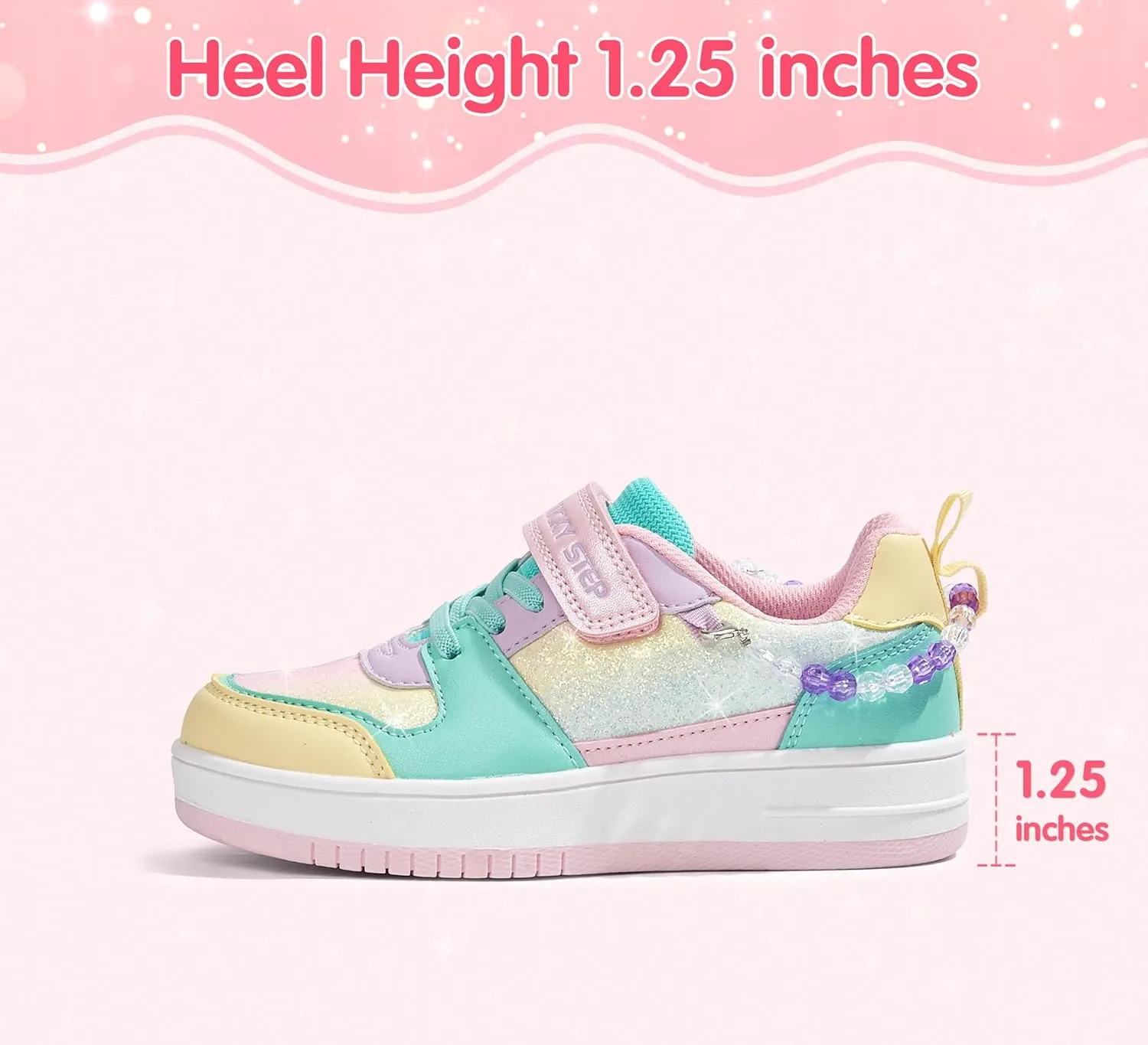 LUCKY STEP Girl's Glitter Sneakers Slip On Hook and Loops Athletic Sparkly Beads Casual Tennis School Party Cute Running Shoes for Children/Girls/Kids
