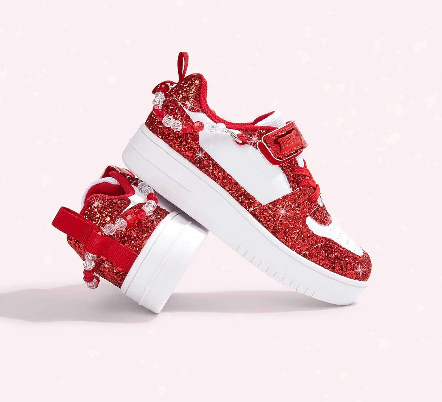 LUCKY STEP Girl's Glitter Sneakers Slip On Hook and Loops Athletic Sparkly Beads Casual Tennis School Party Cute Running Shoes for Children/Girls/Kids