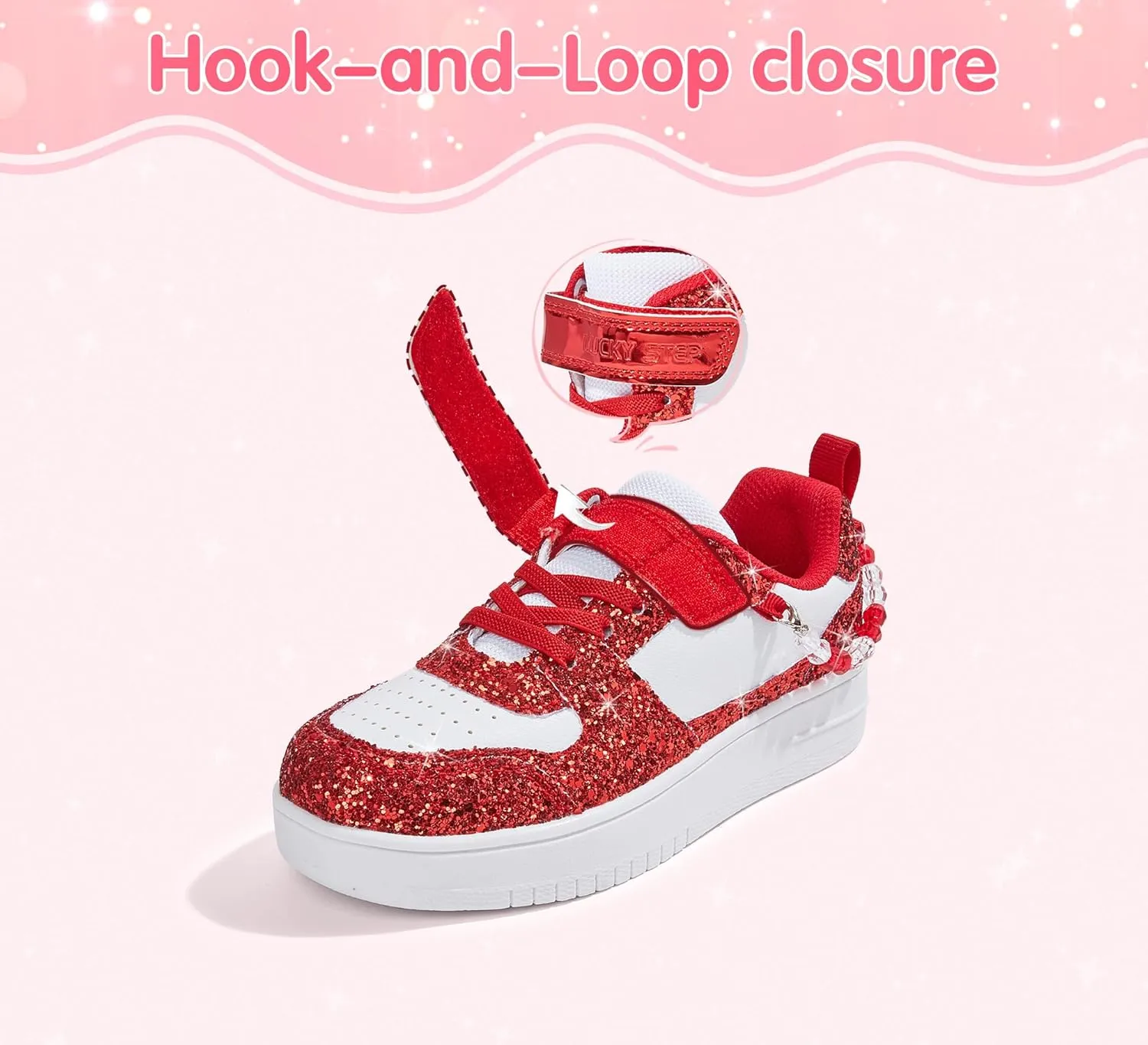 LUCKY STEP Girl's Glitter Sneakers Slip On Hook and Loops Athletic Sparkly Beads Casual Tennis School Party Cute Running Shoes for Children/Girls/Kids