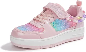 LUCKY STEP Girl's Glitter Sneakers Slip On Hook and Loops Athletic Sparkly Beads Casual Tennis School Party Cute Running Shoes for Children/Girls/Kids