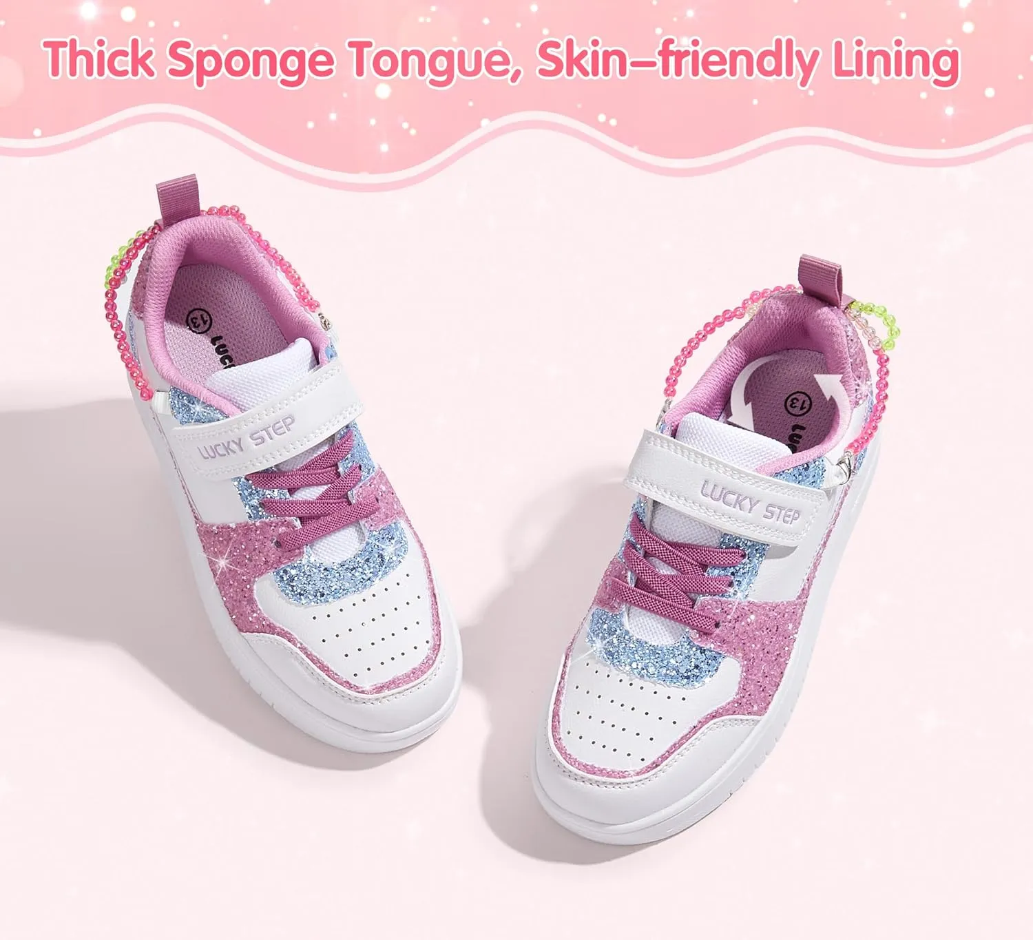 LUCKY STEP Girl's Glitter Sneakers Slip On Hook and Loops Athletic Sparkly Beads Casual Tennis School Party Cute Running Shoes for Children/Girls/Kids