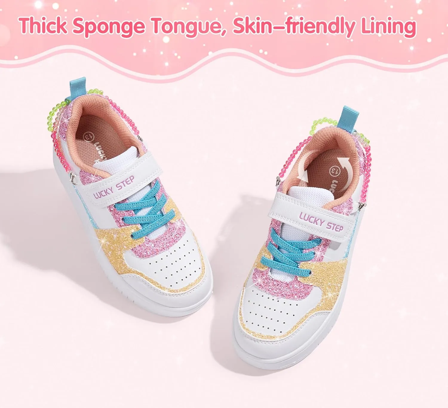 LUCKY STEP Girl's Glitter Sneakers Slip On Hook and Loops Athletic Sparkly Beads Casual Tennis School Party Cute Running Shoes for Children/Girls/Kids