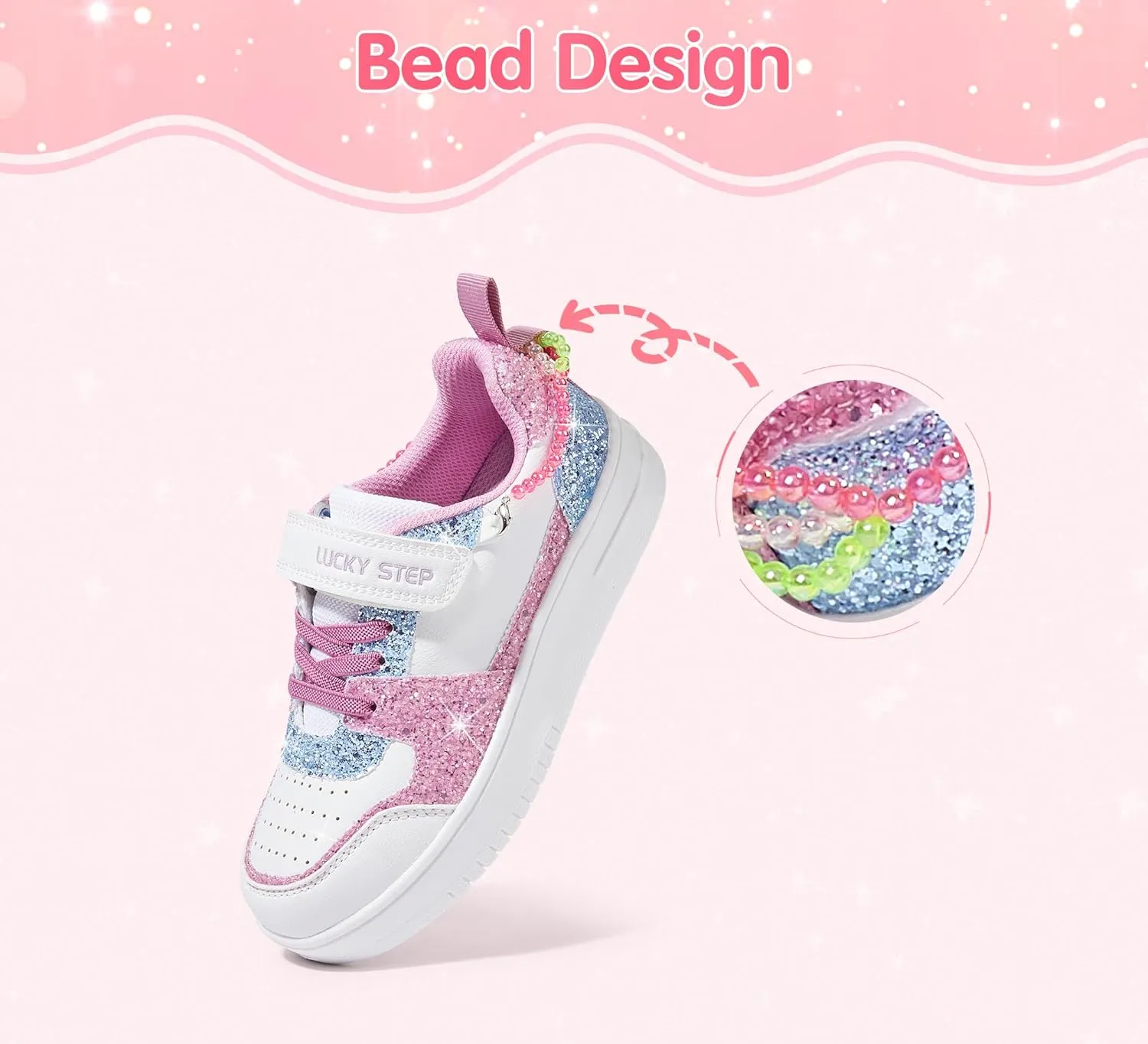 LUCKY STEP Girl's Glitter Sneakers Slip On Hook and Loops Athletic Sparkly Beads Casual Tennis School Party Cute Running Shoes for Children/Girls/Kids