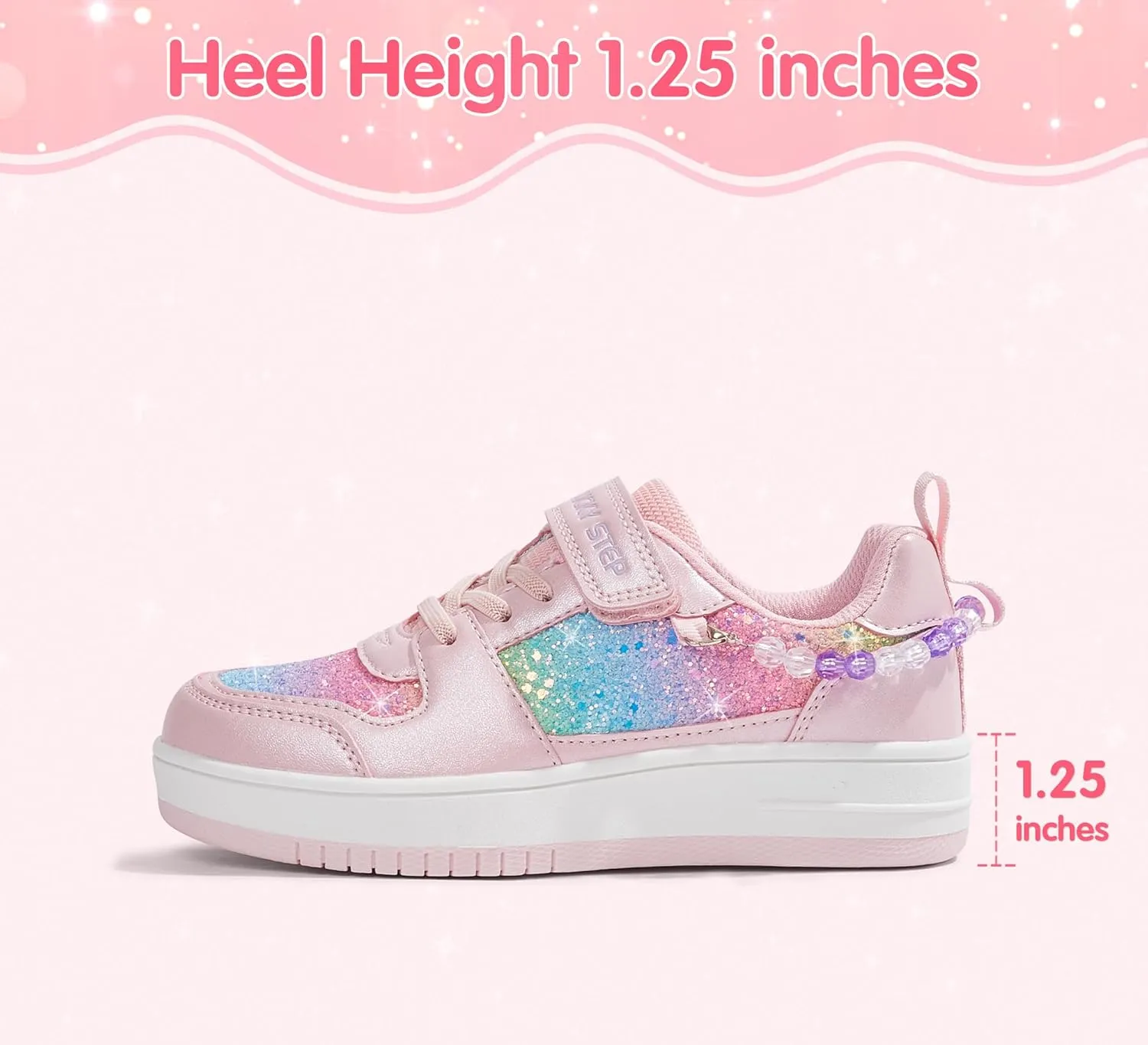 LUCKY STEP Girl's Glitter Sneakers Slip On Hook and Loops Athletic Sparkly Beads Casual Tennis School Party Cute Running Shoes for Children/Girls/Kids