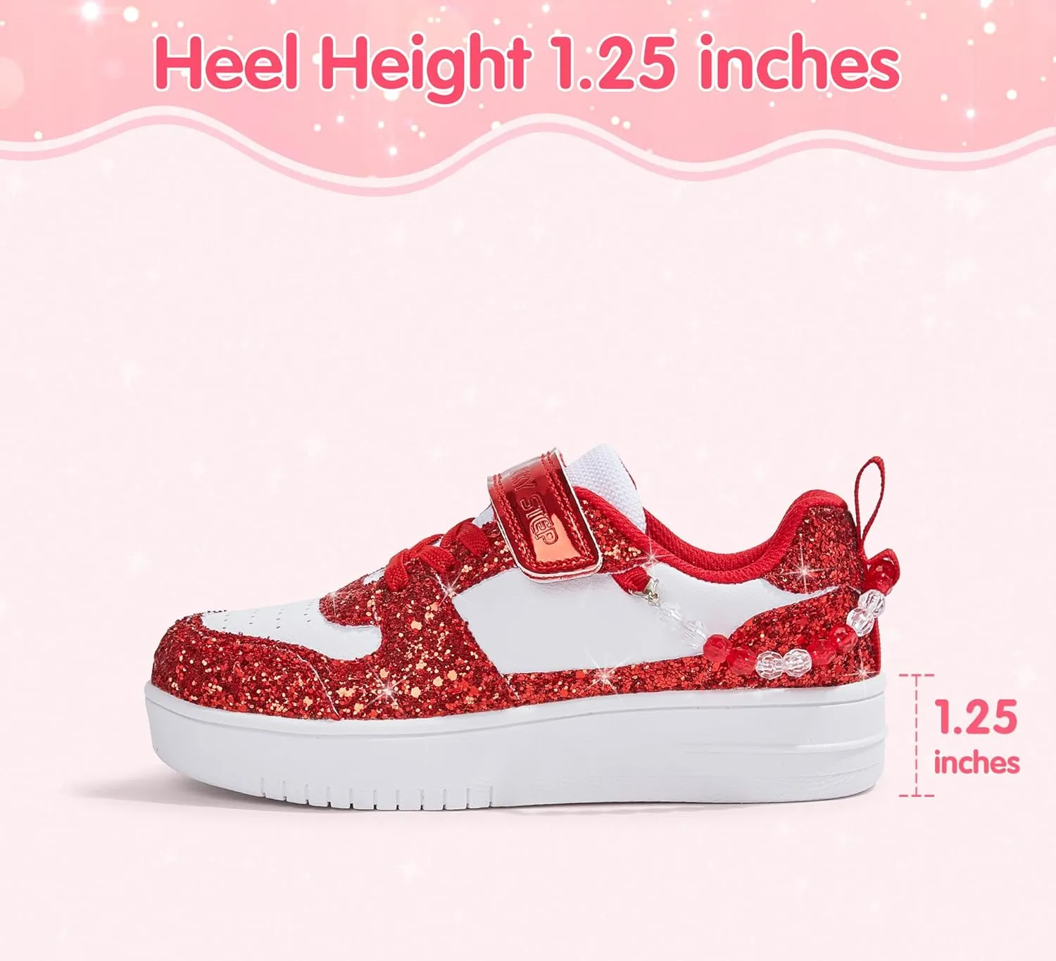 LUCKY STEP Girl's Glitter Sneakers Slip On Hook and Loops Athletic Sparkly Beads Casual Tennis School Party Cute Running Shoes for Children/Girls/Kids