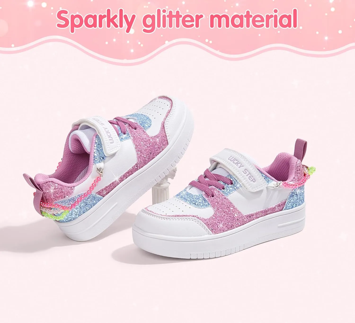 LUCKY STEP Girl's Glitter Sneakers Slip On Hook and Loops Athletic Sparkly Beads Casual Tennis School Party Cute Running Shoes for Children/Girls/Kids