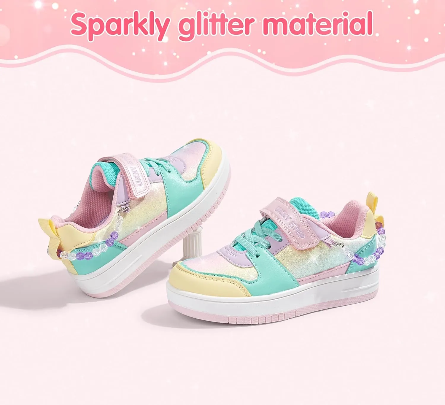 LUCKY STEP Girl's Glitter Sneakers Slip On Hook and Loops Athletic Sparkly Beads Casual Tennis School Party Cute Running Shoes for Children/Girls/Kids