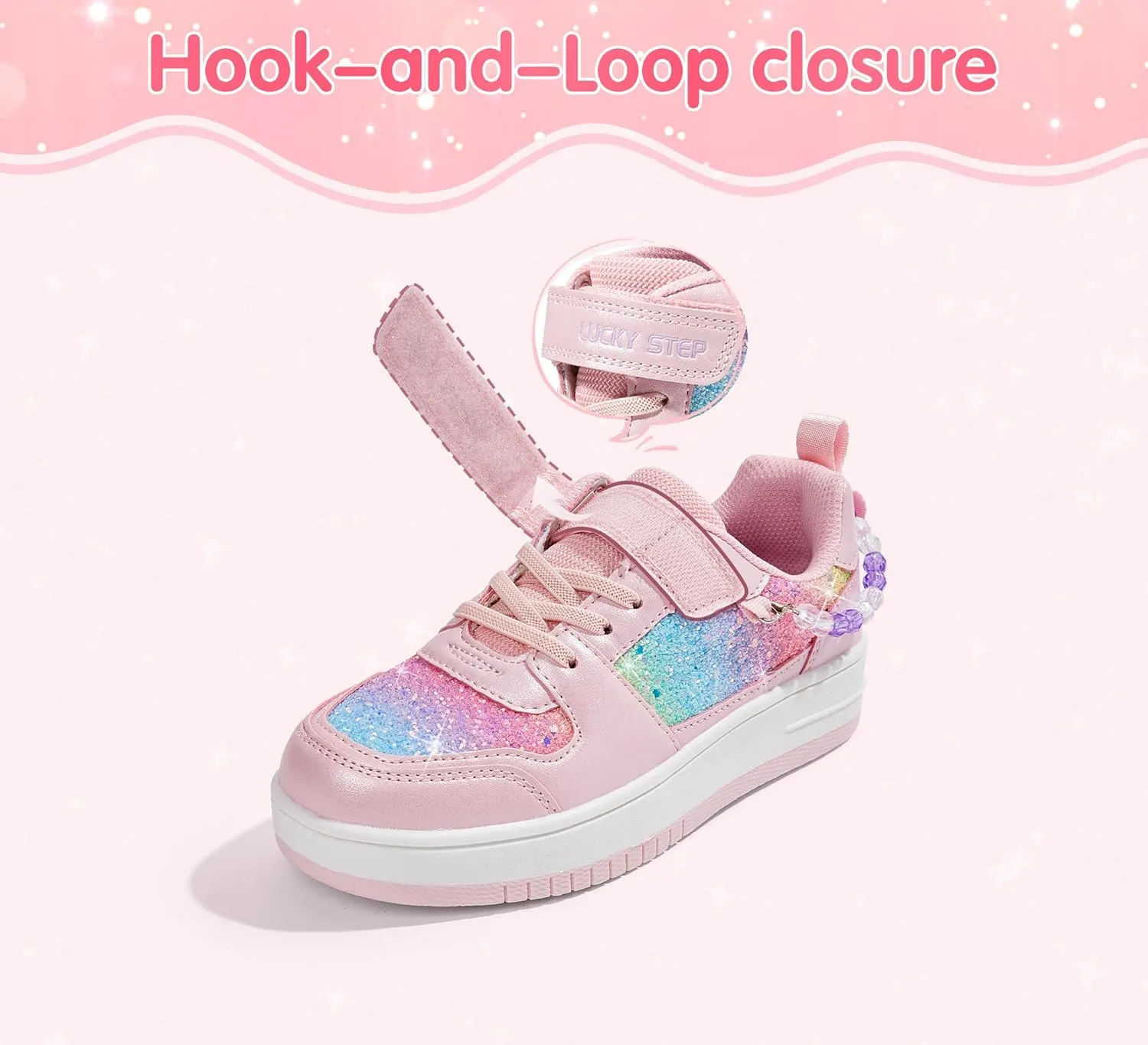 LUCKY STEP Girl's Glitter Sneakers Slip On Hook and Loops Athletic Sparkly Beads Casual Tennis School Party Cute Running Shoes for Children/Girls/Kids