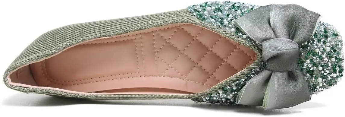 LUXINYU Women Silk Bowknot Flats Shoes Sparkly Rhinestone Wedding Flats Comfortable Square Toe Ballet Shoes Low Heel Slip on Dress Shoes