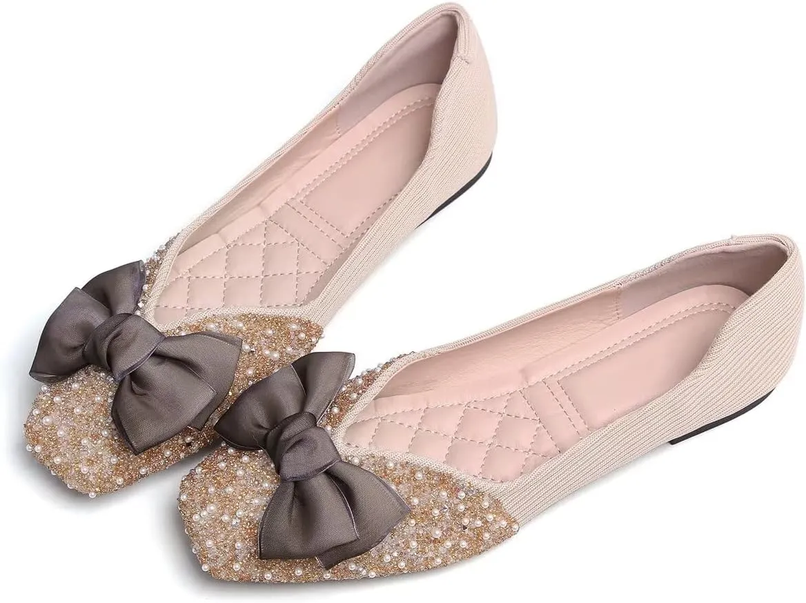 LUXINYU Women Silk Bowknot Flats Shoes Sparkly Rhinestone Wedding Flats Comfortable Square Toe Ballet Shoes Low Heel Slip on Dress Shoes