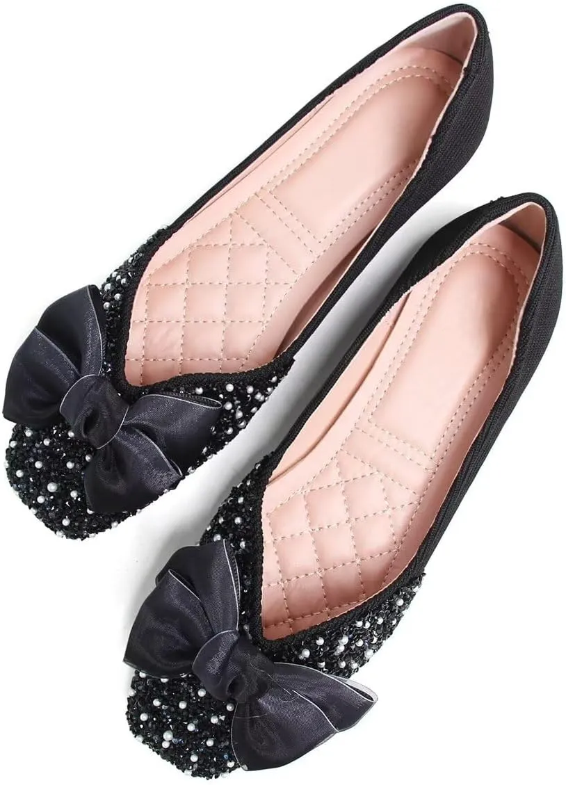 LUXINYU Women Silk Bowknot Flats Shoes Sparkly Rhinestone Wedding Flats Comfortable Square Toe Ballet Shoes Low Heel Slip on Dress Shoes