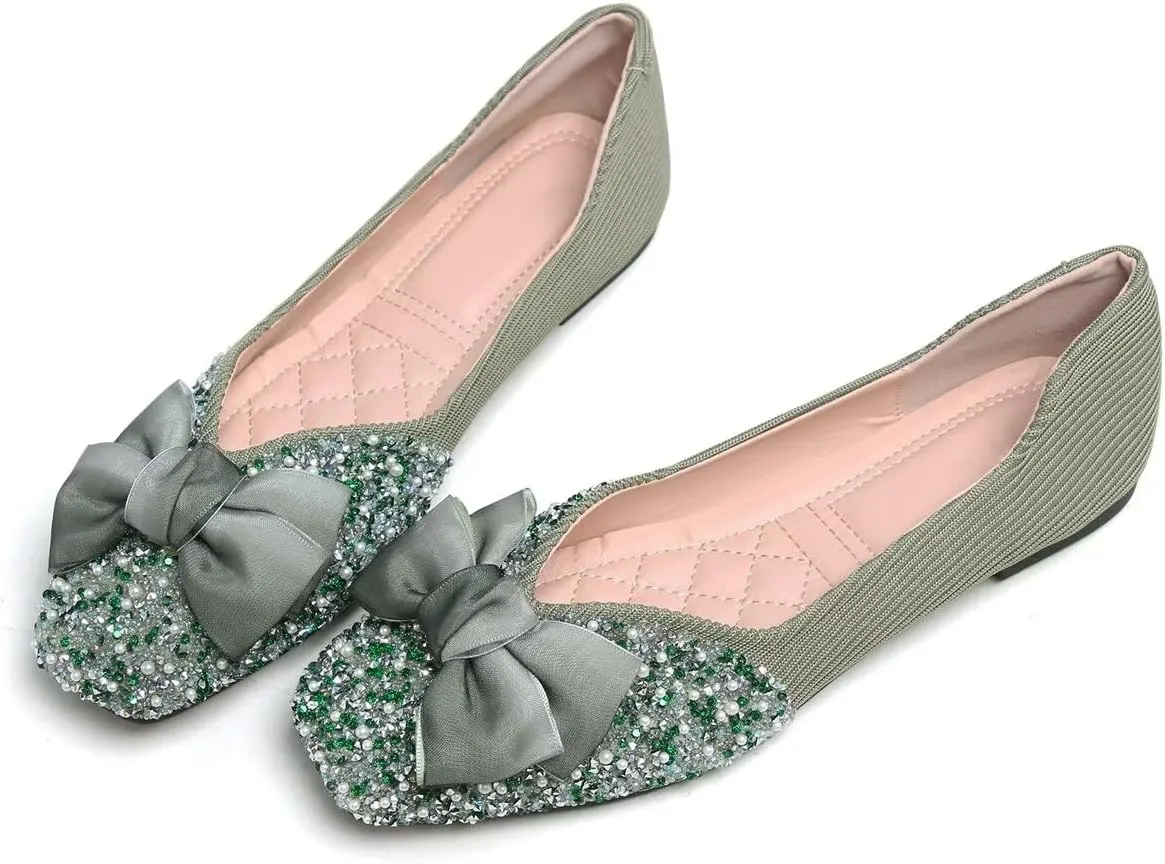 LUXINYU Women Silk Bowknot Flats Shoes Sparkly Rhinestone Wedding Flats Comfortable Square Toe Ballet Shoes Low Heel Slip on Dress Shoes