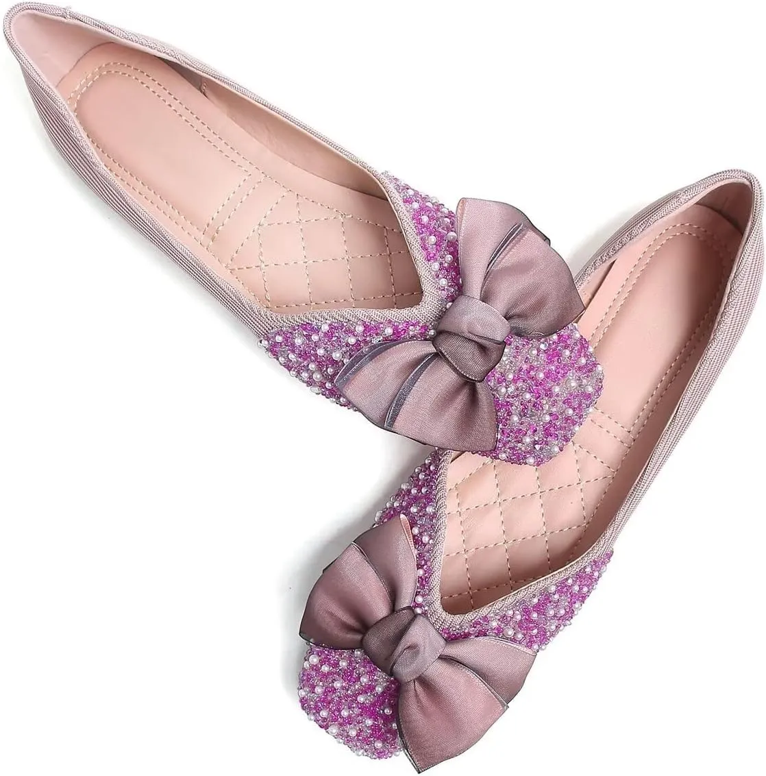 LUXINYU Women Silk Bowknot Flats Shoes Sparkly Rhinestone Wedding Flats Comfortable Square Toe Ballet Shoes Low Heel Slip on Dress Shoes